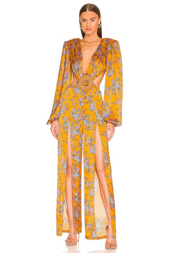 $750 BRONX & BANCO Hanna slit leg golden yellow floral cutout jumpsuit US 6 / M