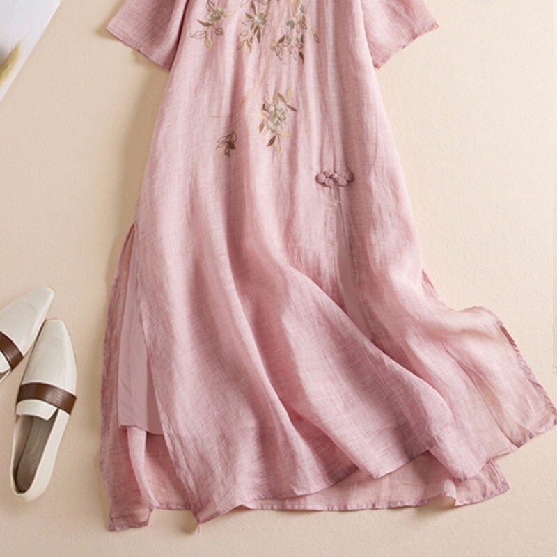Women Side Slit Embroidery Retro Style Dress Half Sleeve Chinese Dress Summer