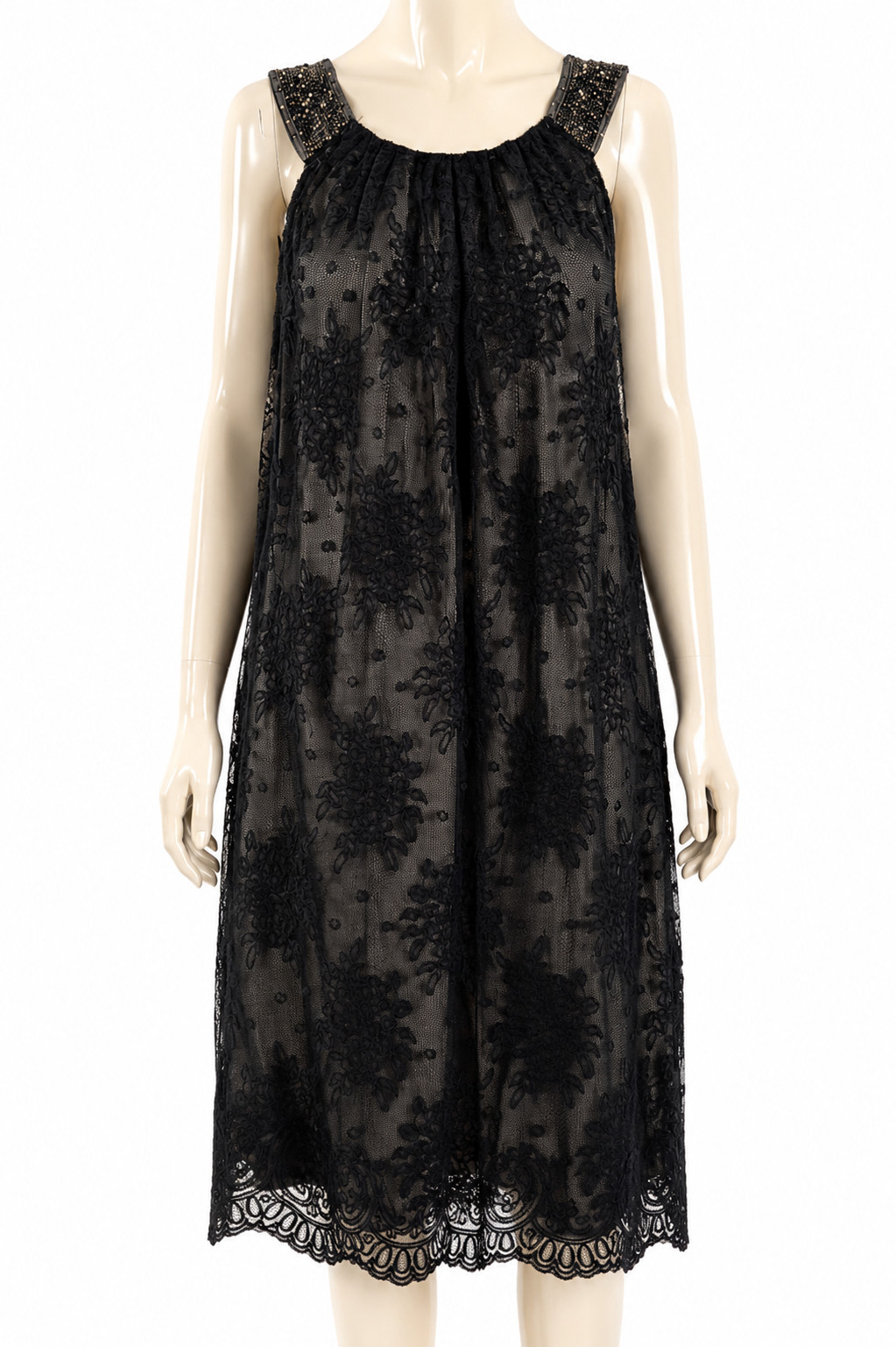 Twin Set Simona Barbieri Dress Black Lace Overlay Bow Beaded Italy Size L UK 12