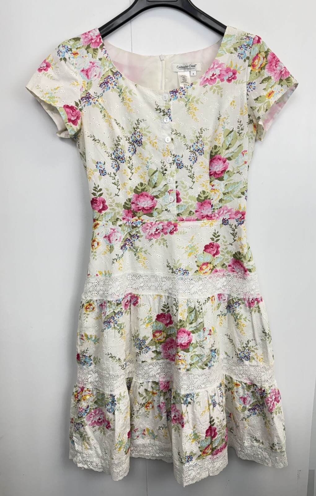 Coldwater Creek Dress Women’s 6 Lace Trim Floral Cap Sleeve Lined A-Line Eyelet