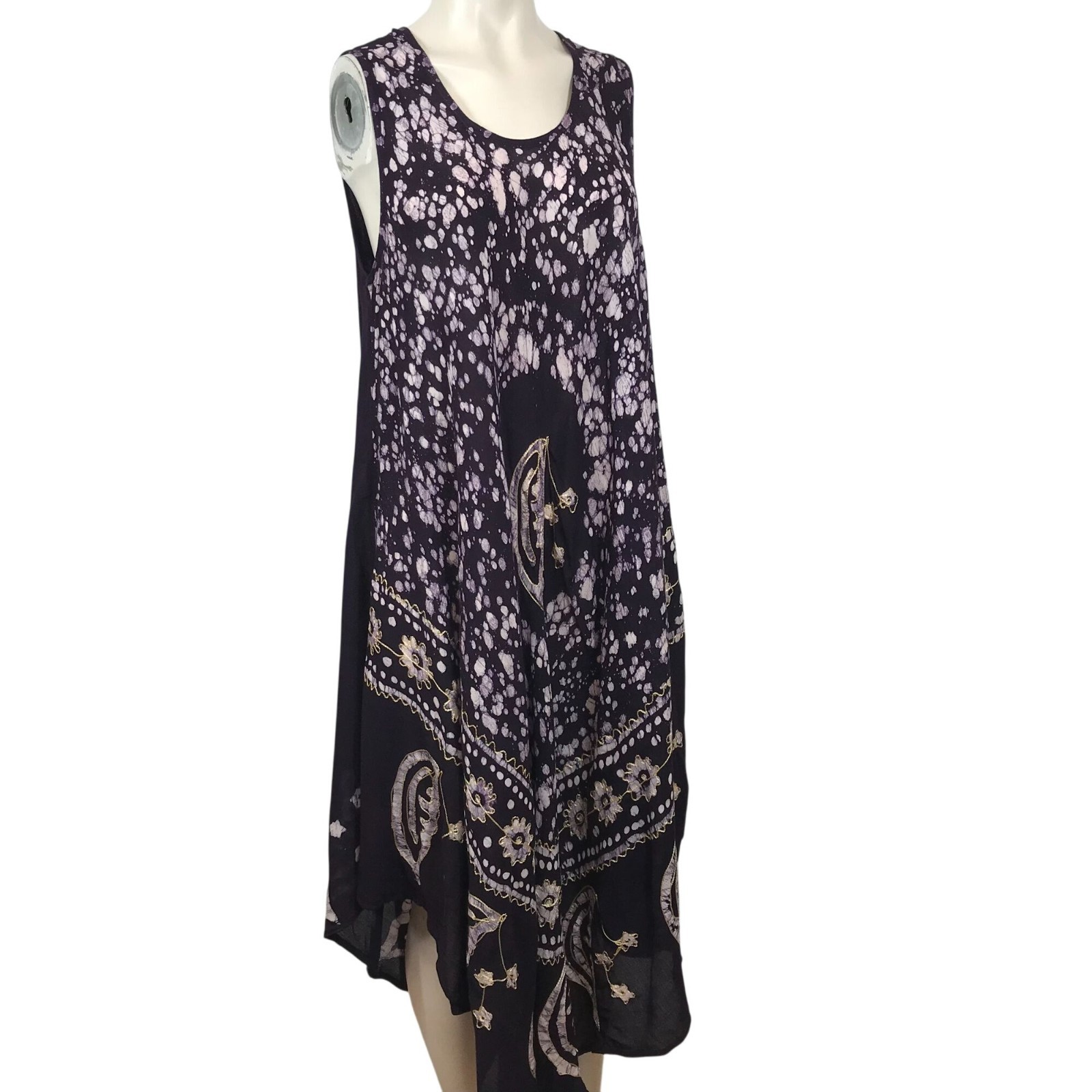 SAKKAS – WOMEN ONE SIZE -BLACK SLEEVELESS TIE DYE 100% RAYON MIDI DRESS COVER UP