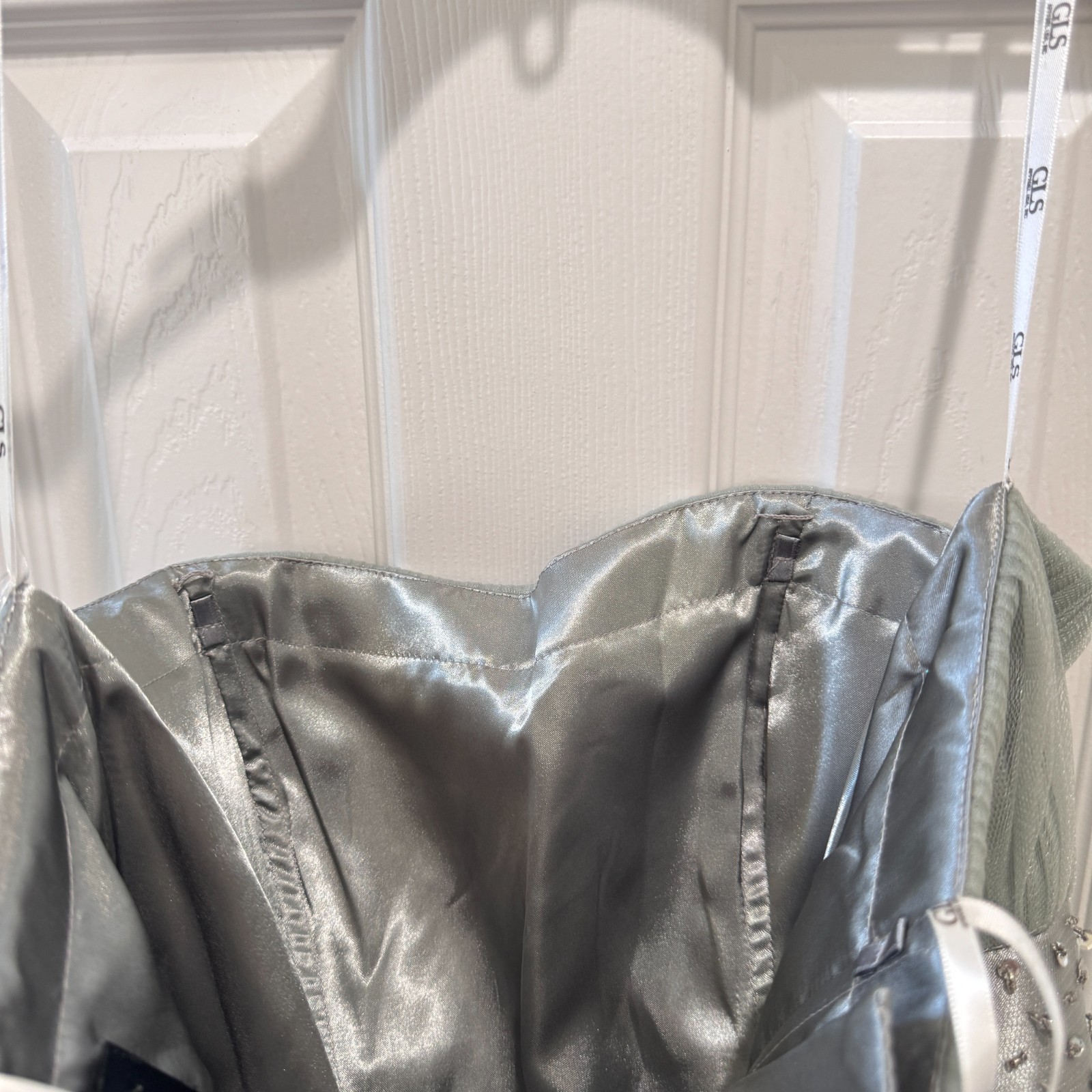 NWT GLS Limited Edition Strapless Beaded Tulle Prom Party Dress L Sage Gray