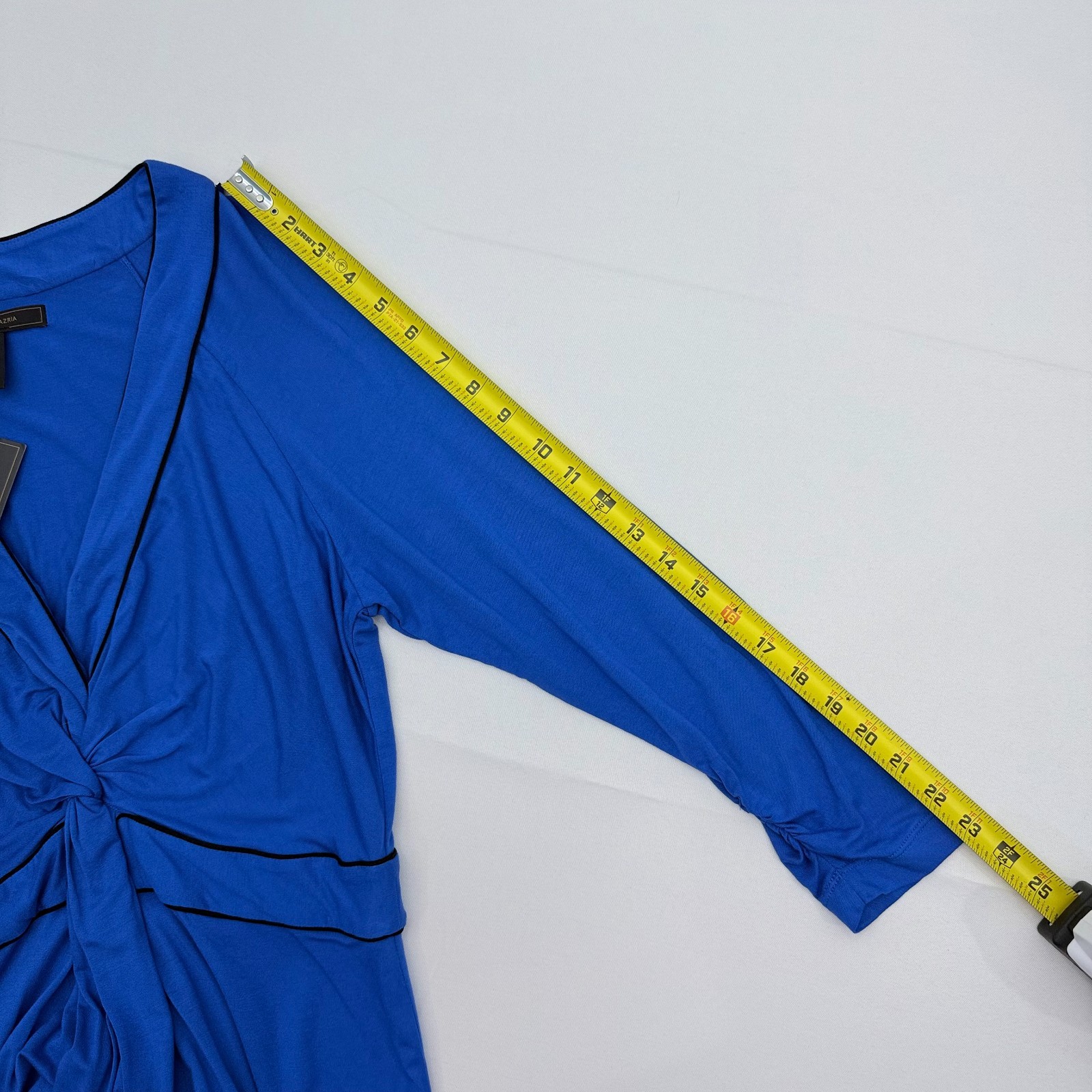 NWT BCBG Maxazria Ruched Low Cut V-Neck Dress Womens Large Blue Long Sleeve