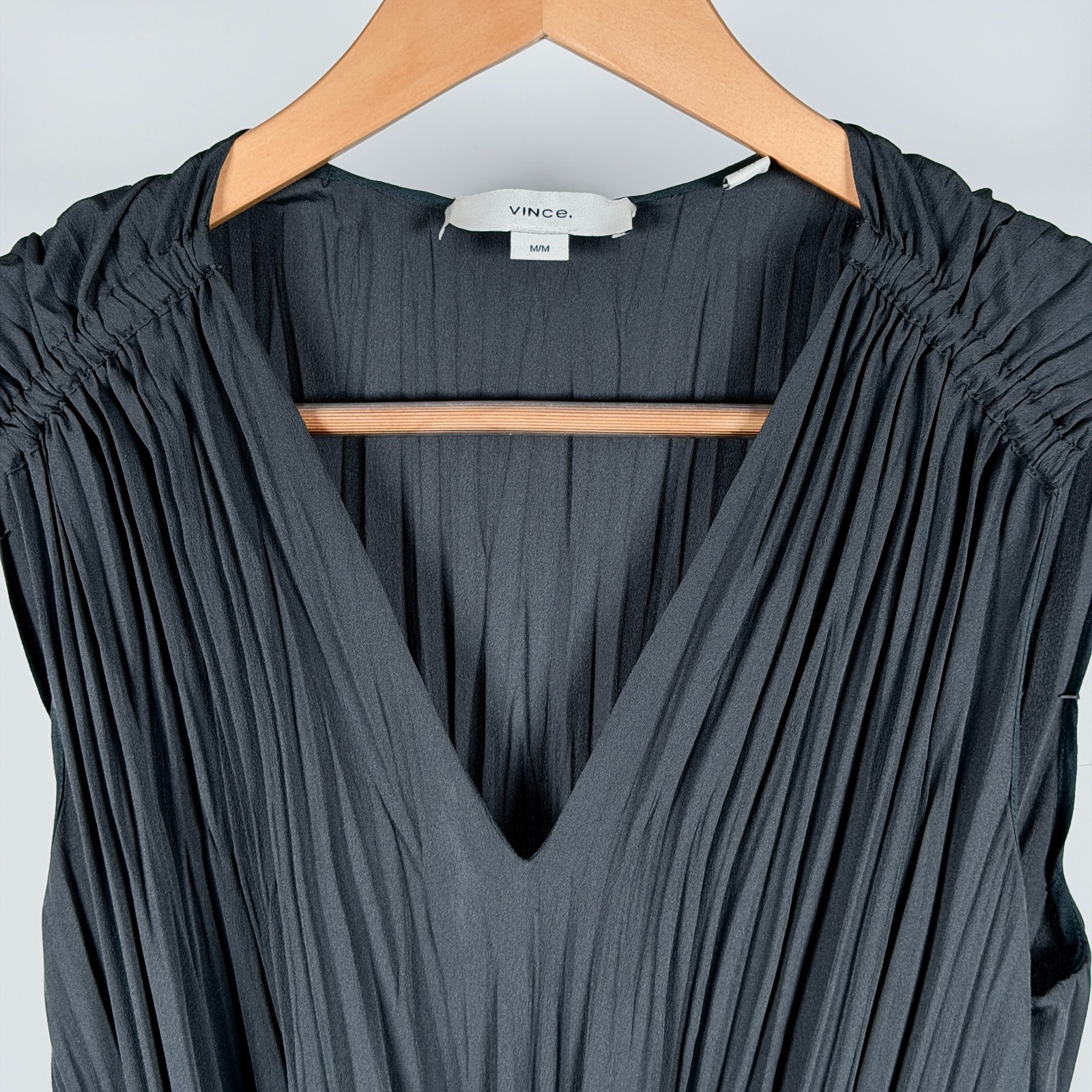 VINCE Slate Blue Pleated Tie V-Neck Sleeveless Midi Dress M Medium Flaw READ