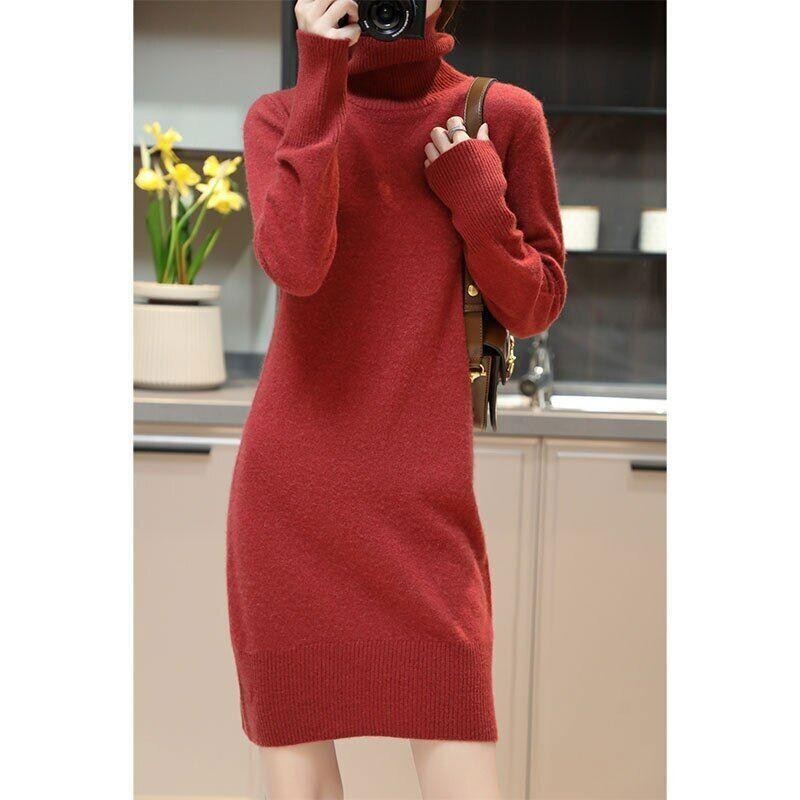 Knitted Cashmere Sweater Women Wool Turtleneck Long-Sleeve Slim Mid Length Dress