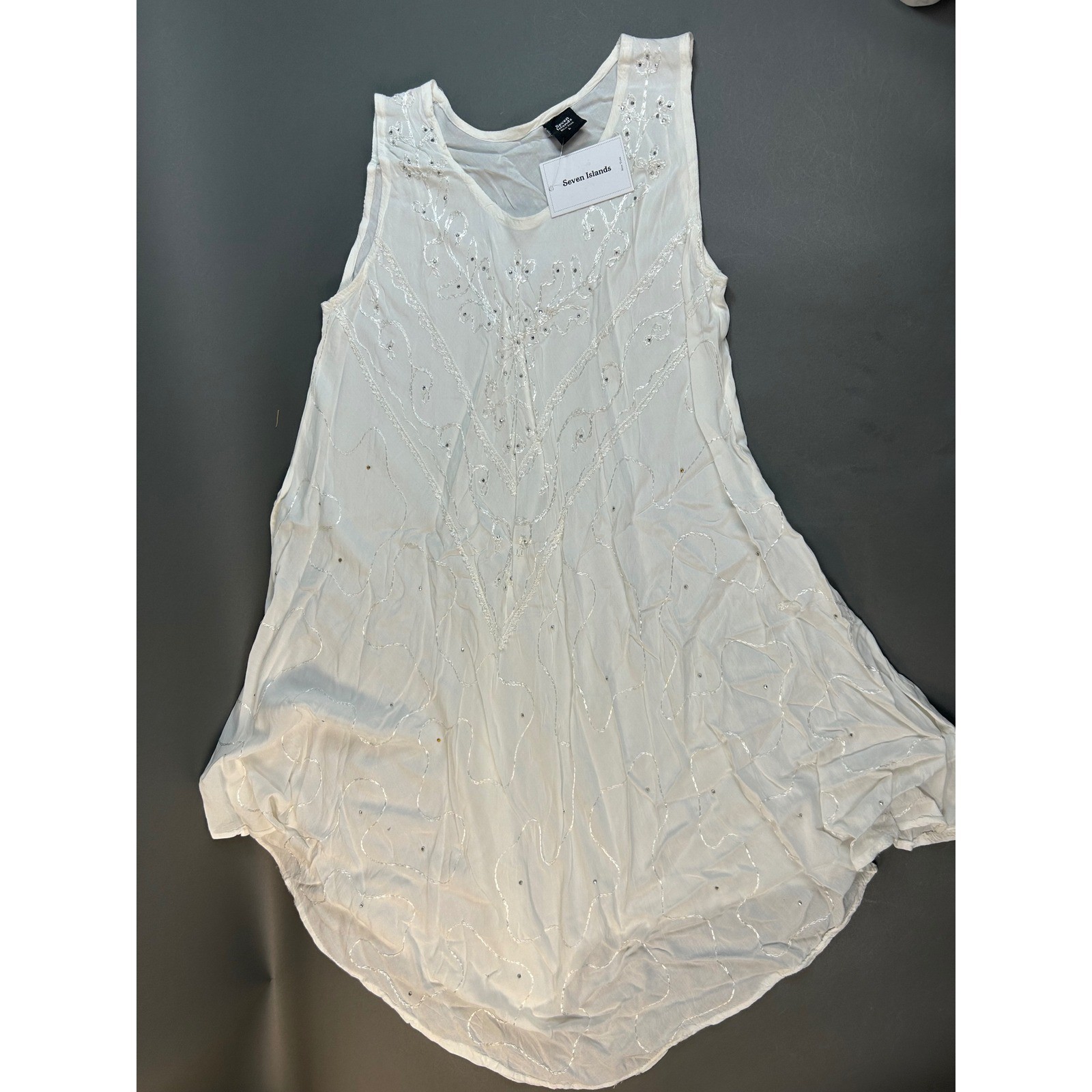 Seven Islands New York White Embroidered Sequin Sleeveless Rayon Midi Dress L