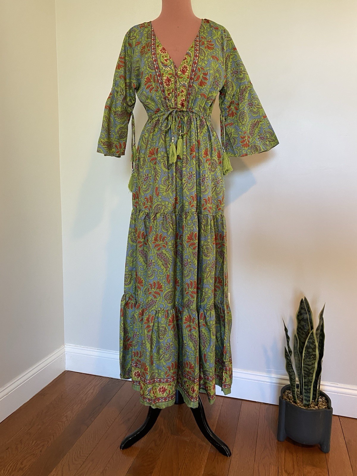 Coline boho maxi dress floral print, 3/4 length bell sleeves, S/M