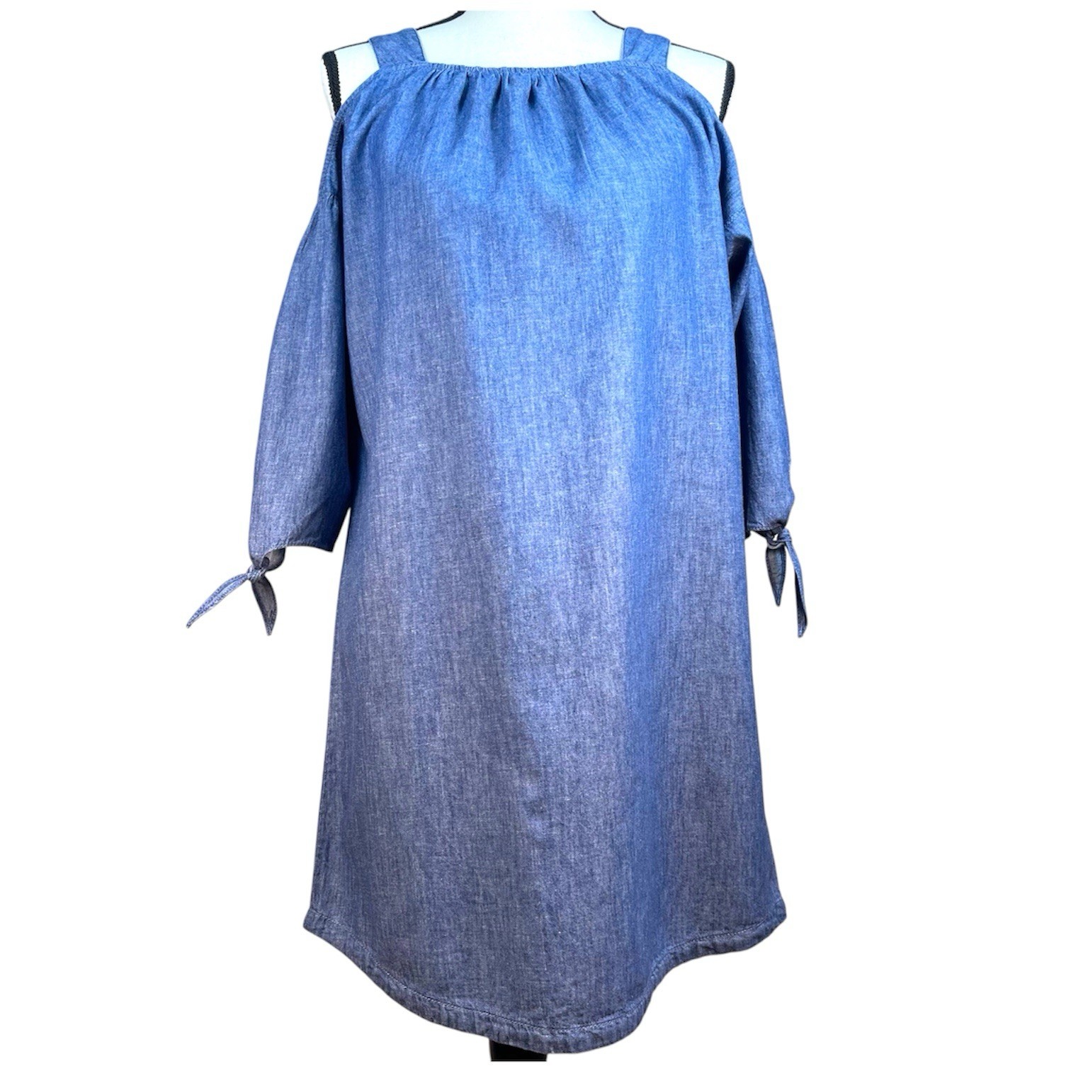 Madewell Blue Linen Blend Chambray Midi Shift Dress Cold Shoulder Relaxed Fit, M