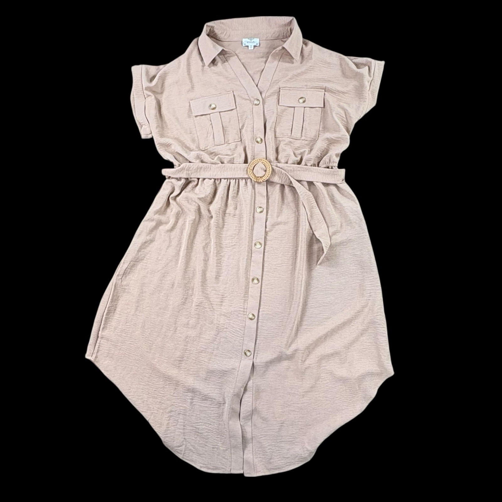 Perch by Blu Pepper Tan Button Front Belted Shirt Dress Size 2X Short Sleeve