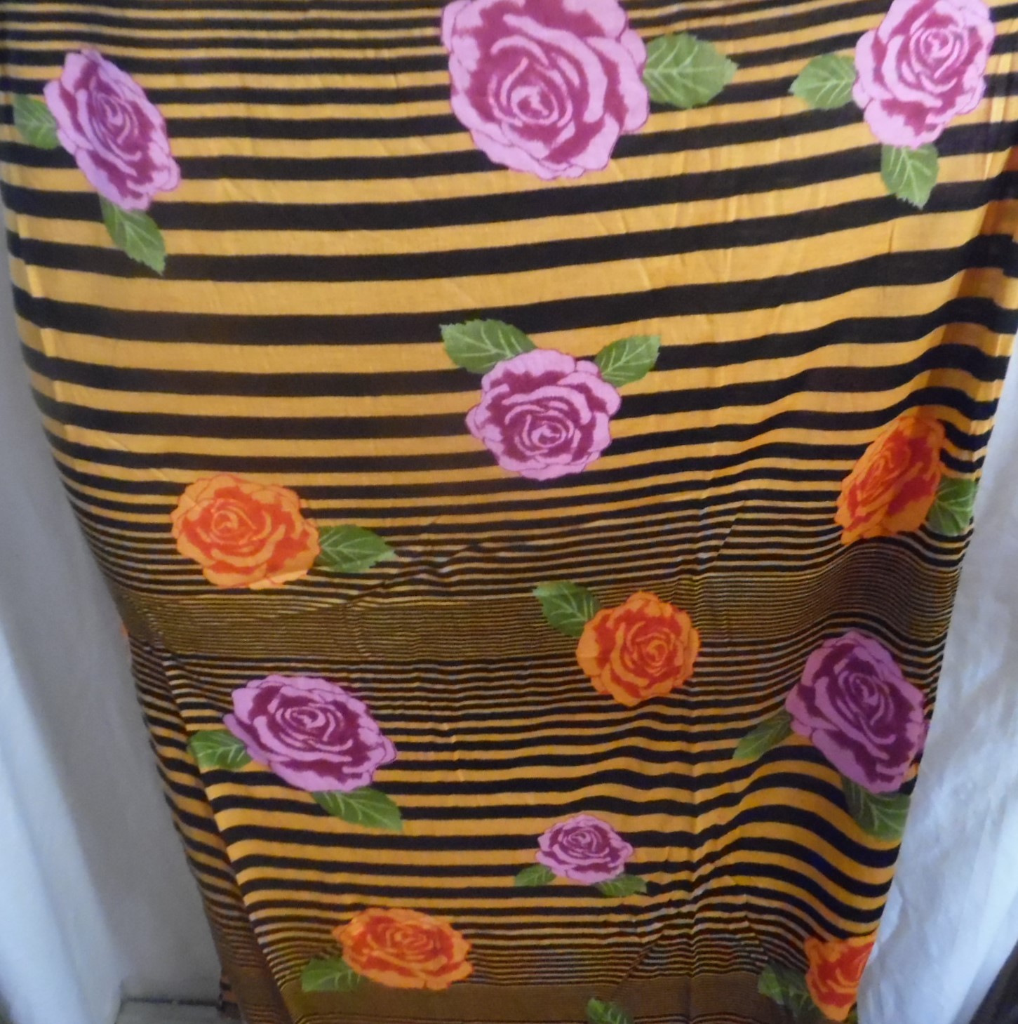 LONG PINK BLACK GOLD STRIPE ROSES MAXI DRESS STRAPLESS 2X