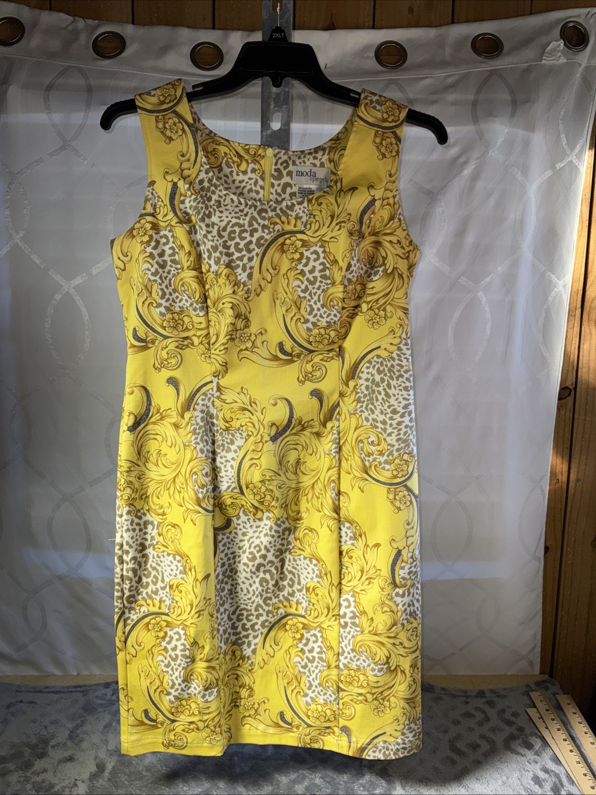 Vintage 90s Moda Spiegel Yellow Baroque & Leopard Print Sleeveless Dress Sz 12
