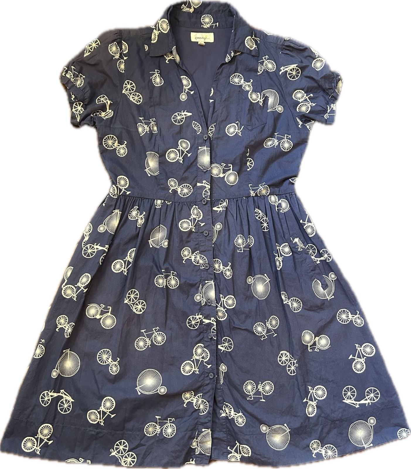 Anthropologie Porridge Navy Bicycle Print Cotton Shirt Dress Whimsy 50s Twee