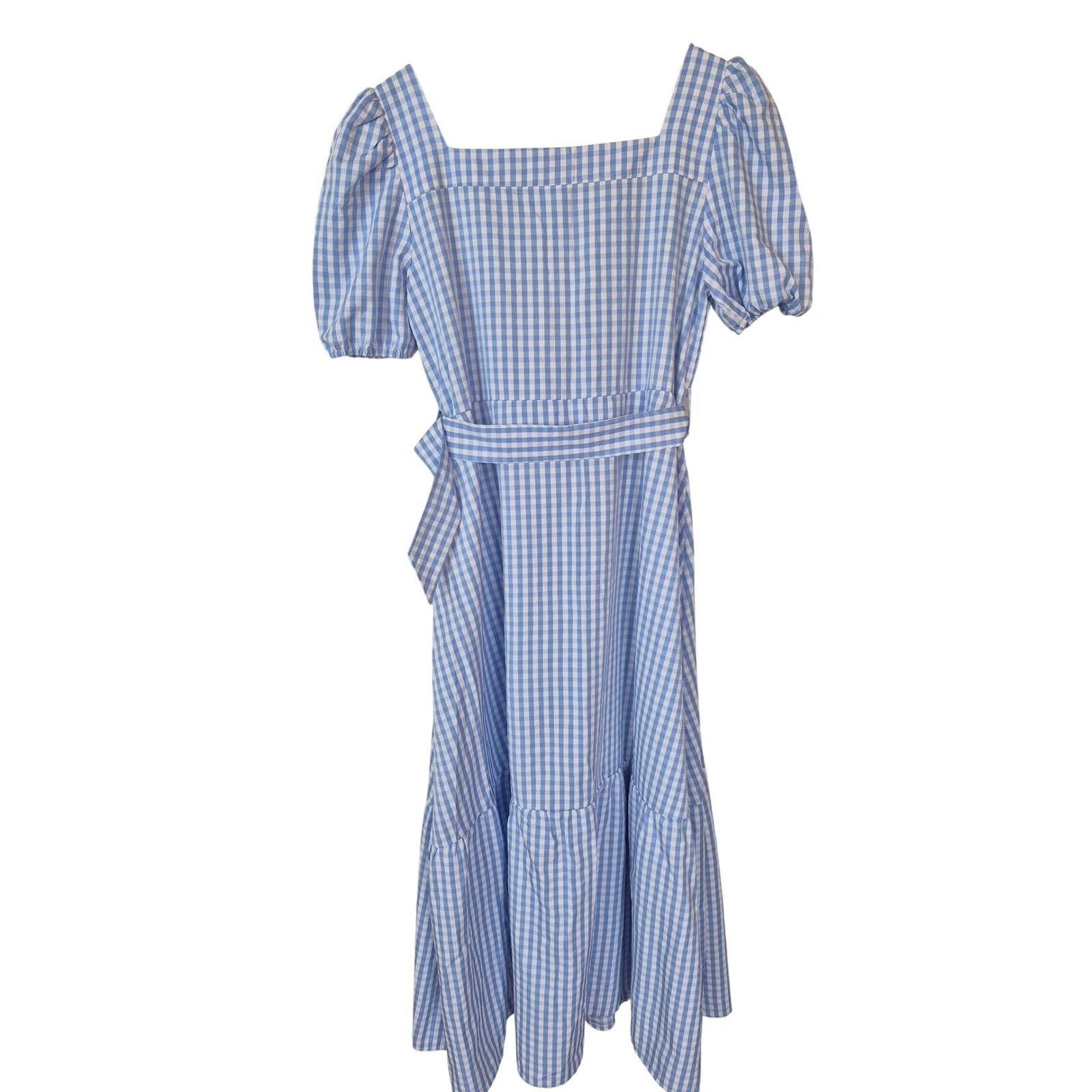 Vila Blue Gingham Maxi Belted Dress Square Neck Puff Sleeve Size US 8