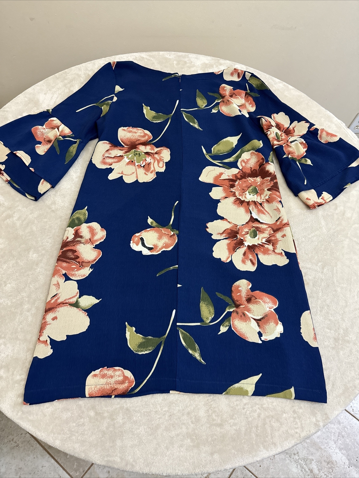 BELONGSCI Womans Navy Blue Floral FLARED SLEEVE Dress Size Medium