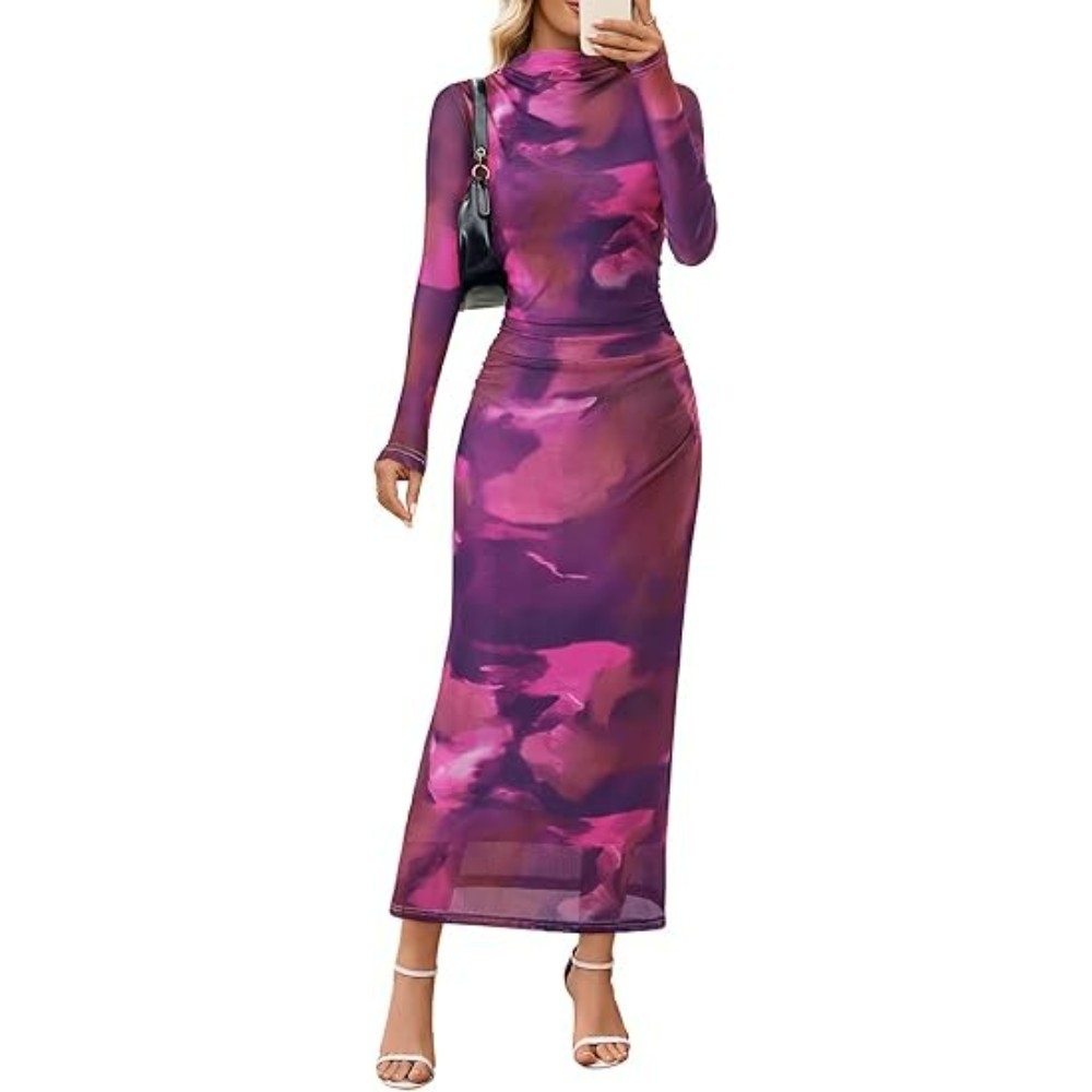 MEROKEETY Women’s Bodycon Maxi Dress SMALL Plum Wedding Dress Long Sleeve Floral