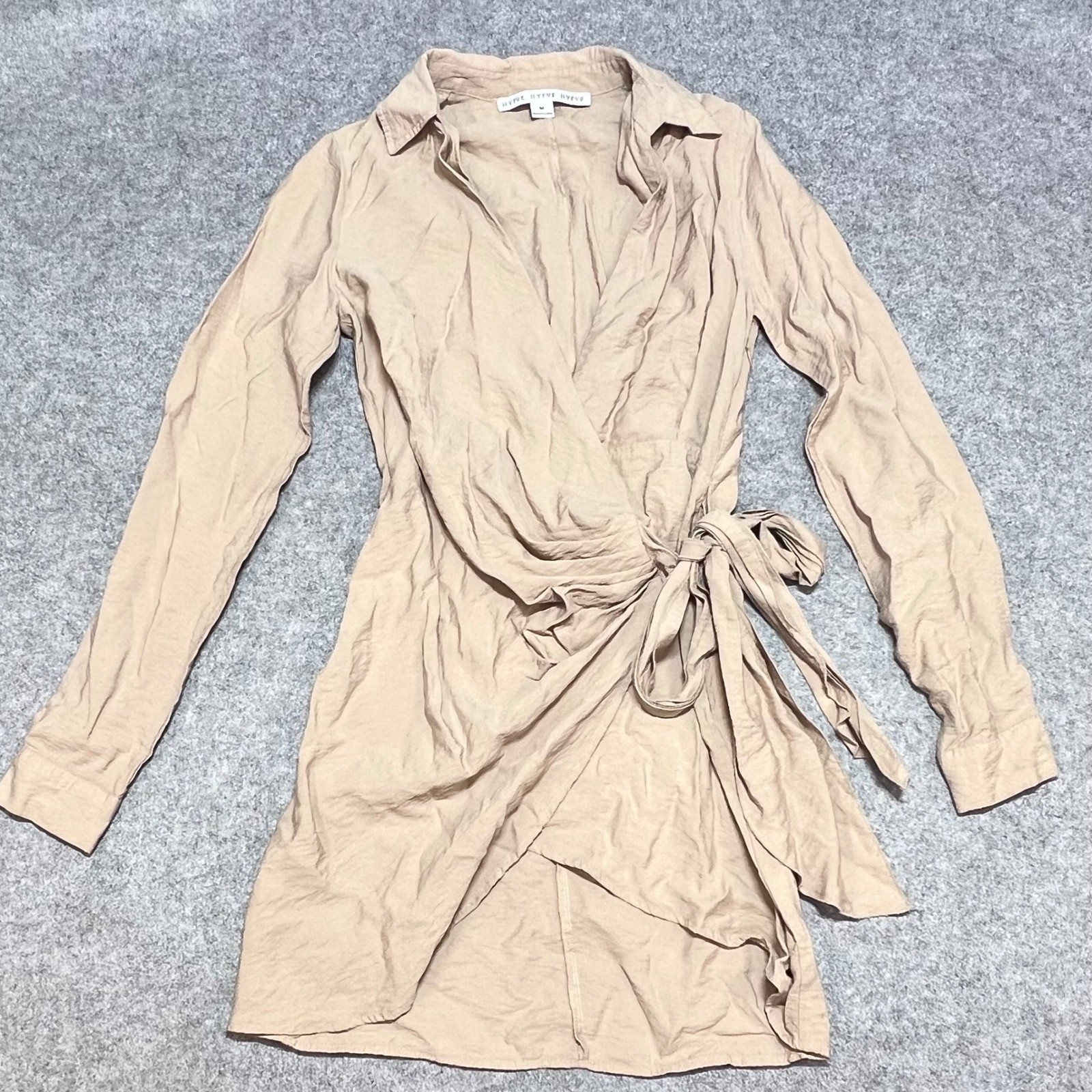 Hyfve Tan Beige Long Sleeve Wrap Mini Dress Collared Side Tie M