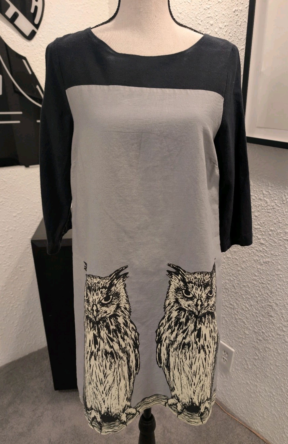 Knitted Dove Womens Gray Black Owl Print Sleeve 3/4 Sleeve Tunic Dress Size S