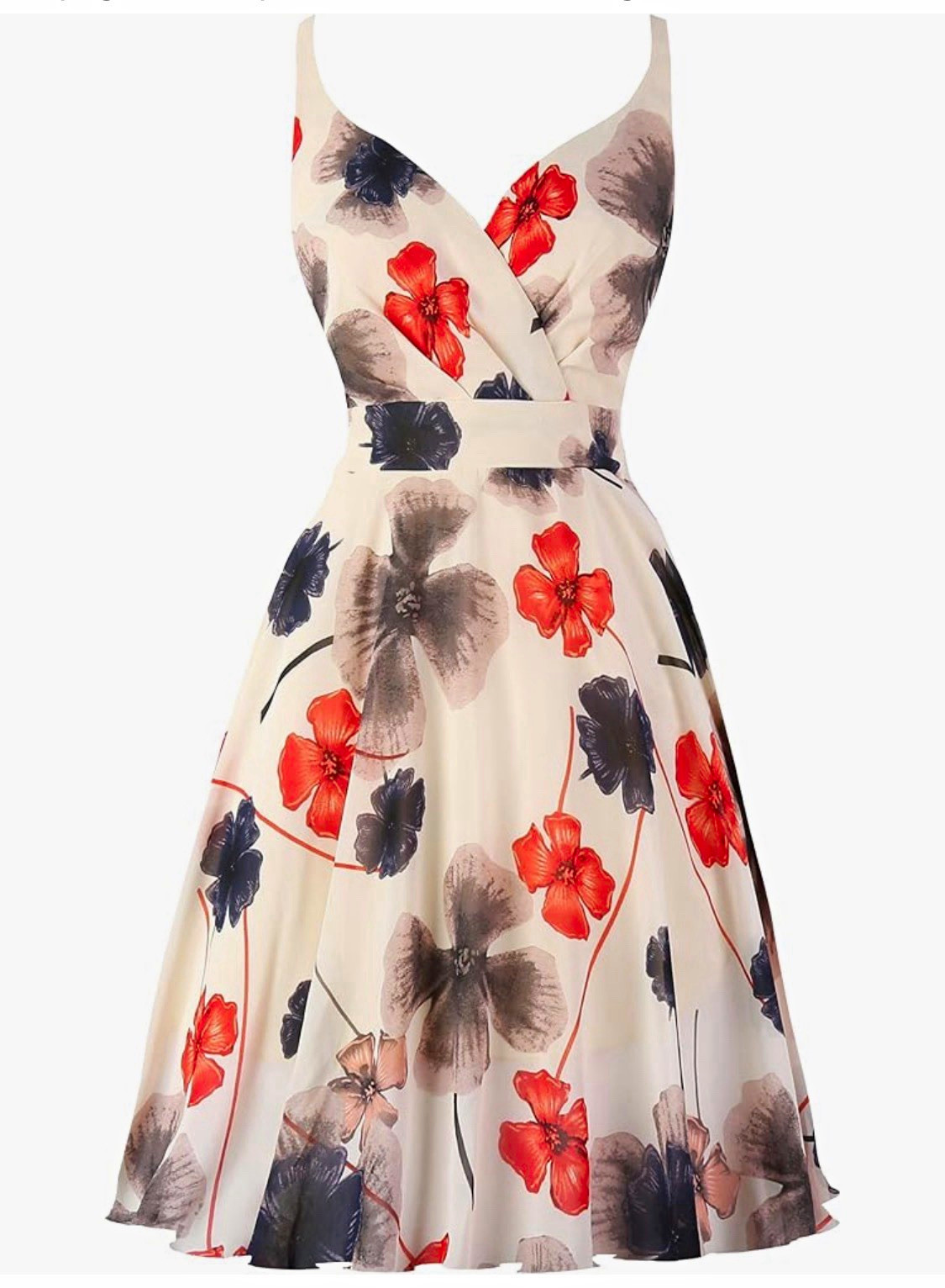 Floral Fit & Flare Dress Ivory/Red/Black V-Neck Spaghetti Straps Smocked M