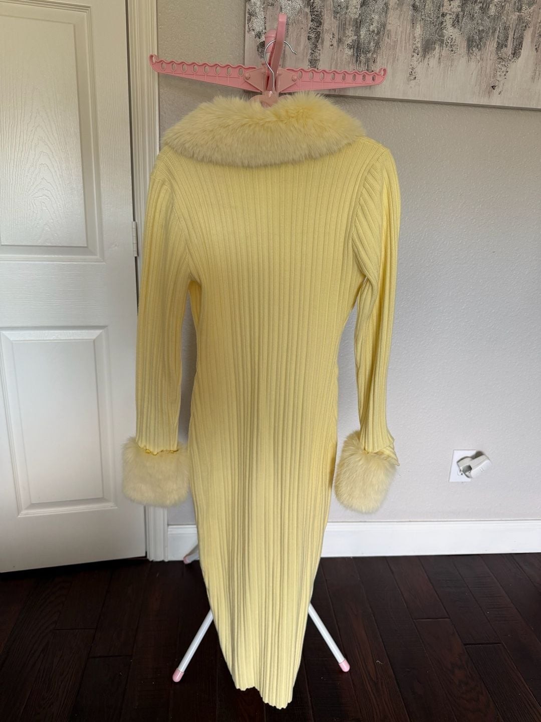 Akira Ready For Spring Rib-Knit Faux Fur Trim Button-Down Midi Dress
