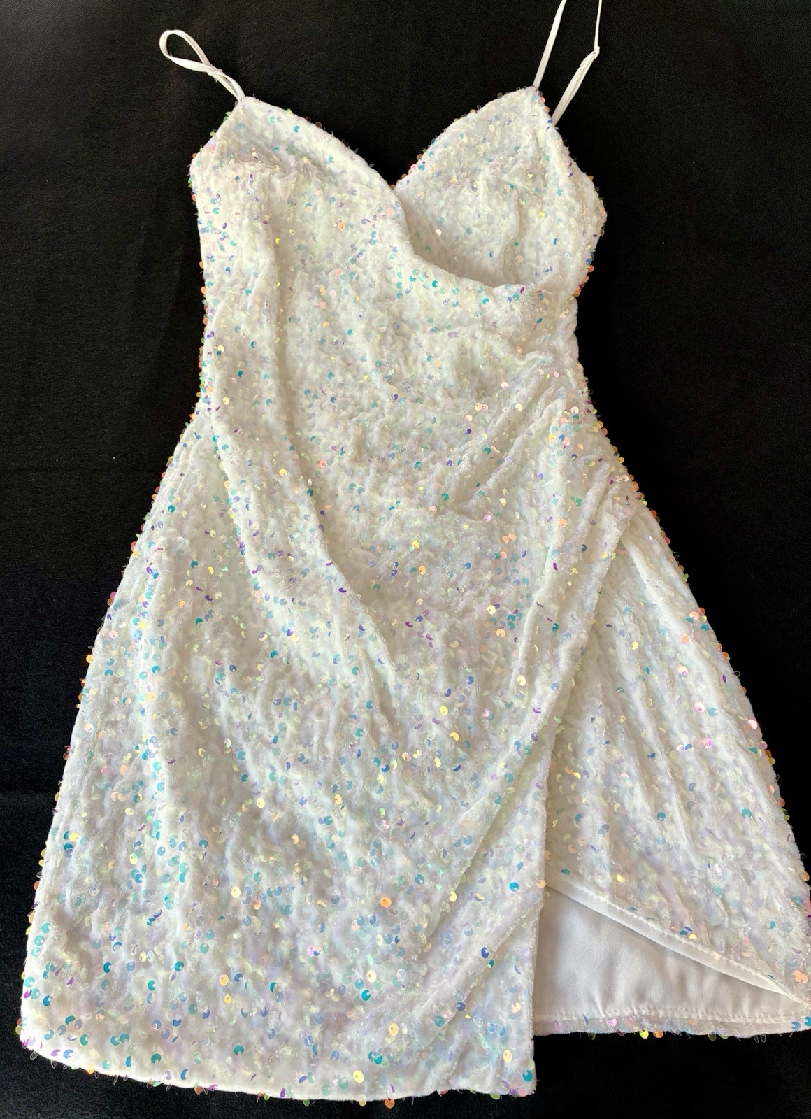 Crystal Doll White Sequin V-Neck Mini Dress Lined Zip Party Size S