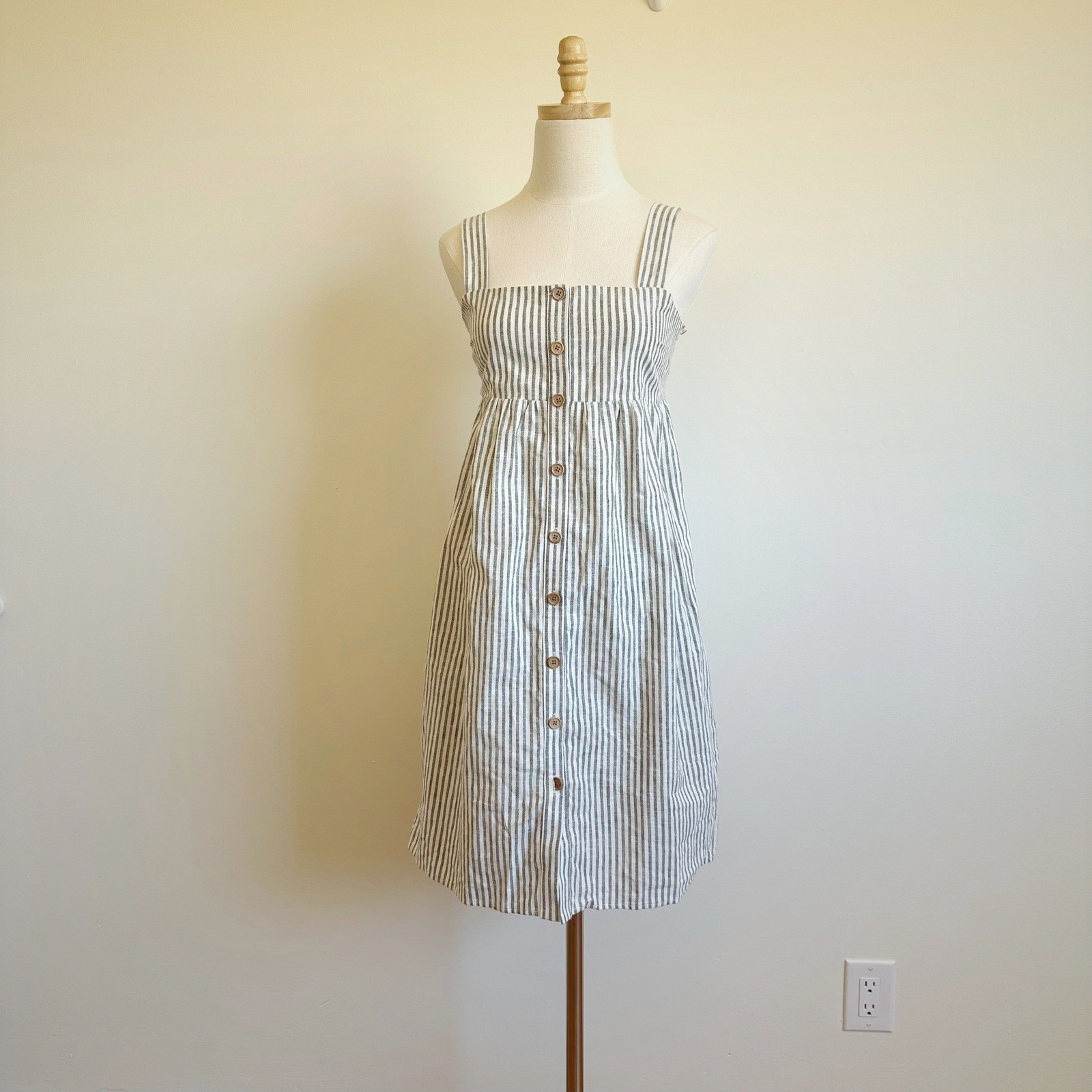 Emerson Fry Linen Susie Dress Striped Smocked Button Preppy Quiet Luxury Coastal