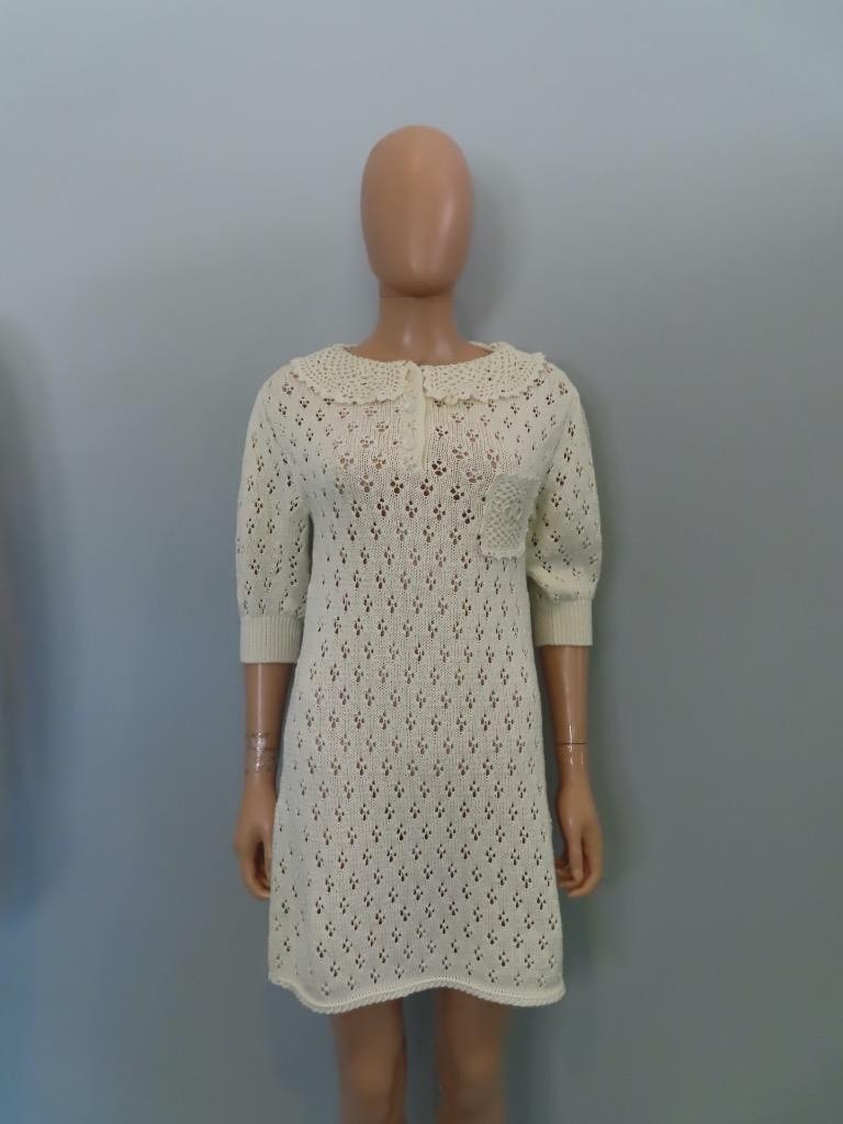 NWT Celine Off White Cotton Pointelle Detail Crochet 3/4 Sleeve Dress XS