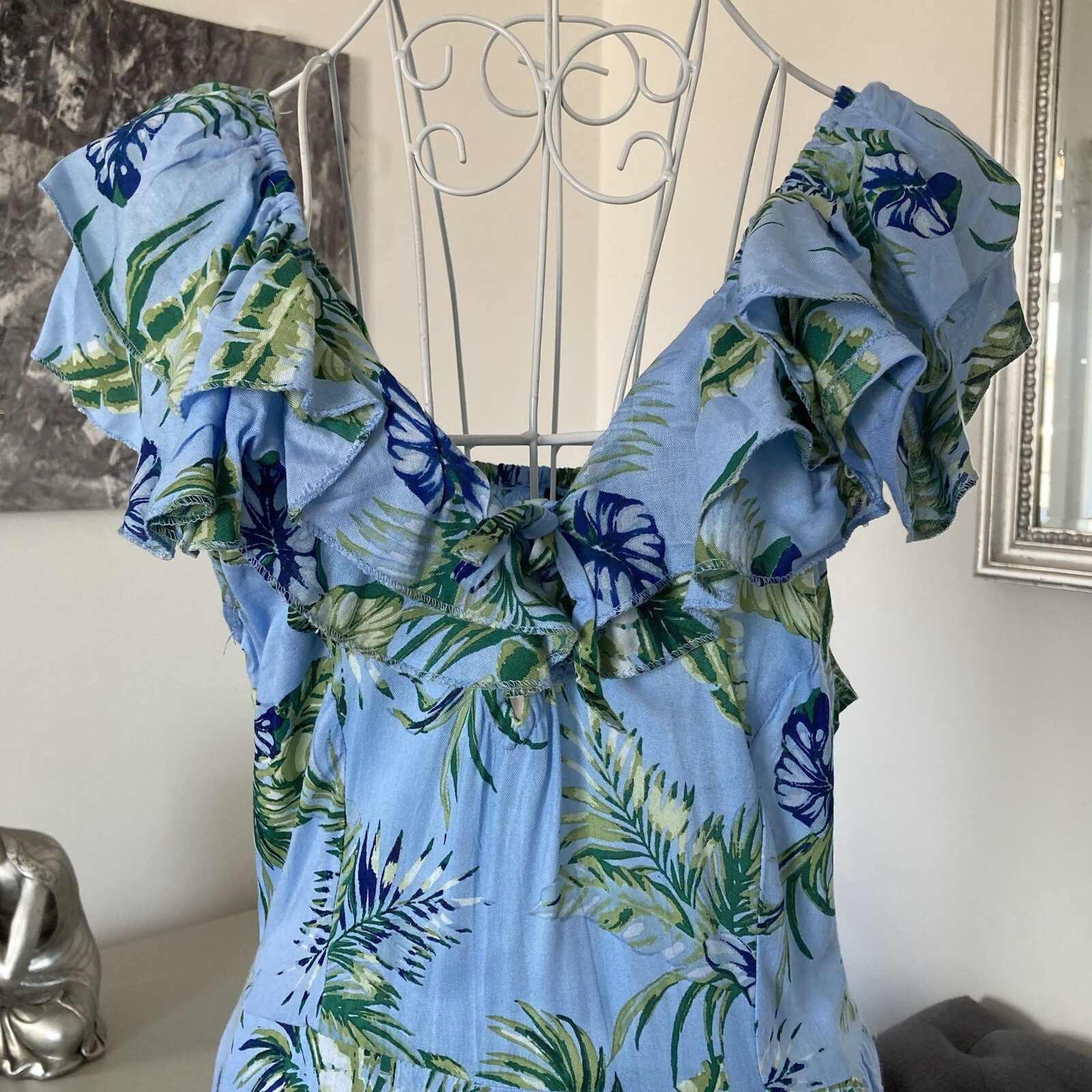 Blue Leaf Print Ruffle Scoop Neck Sleeveless Open Back Tiered Maxi Dress L 10-12