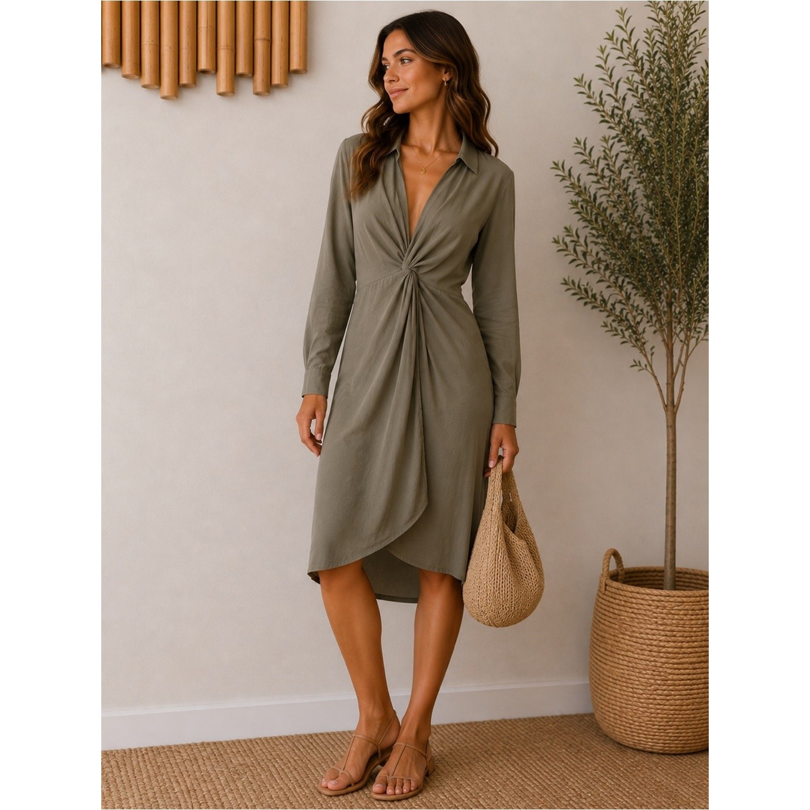 Anthropologie Olive Green Twist Front Midi Dress Size 6 Long Sleeve