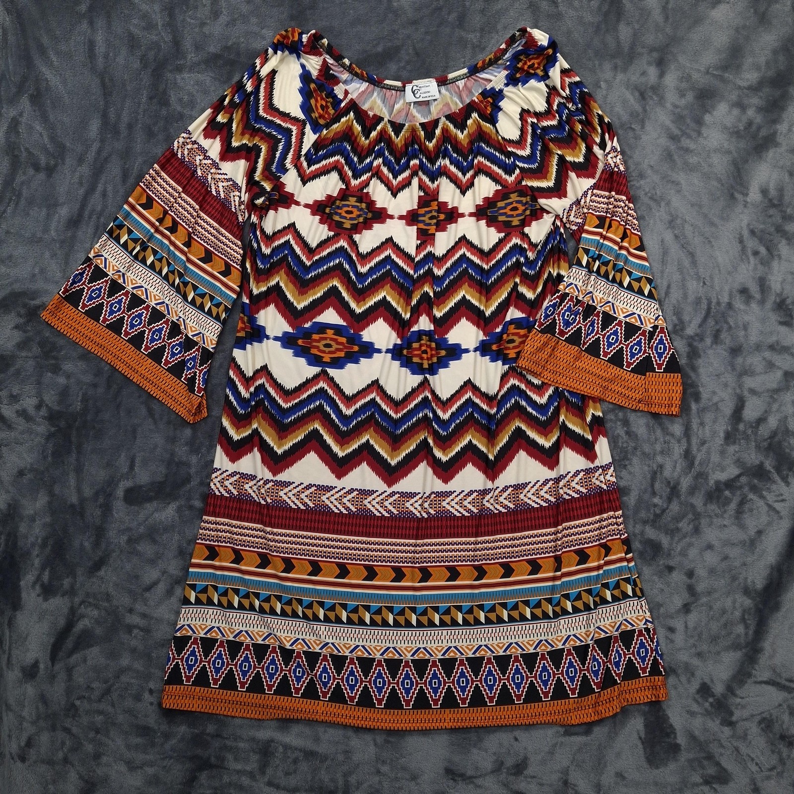 Christian Caliendo Dress Womens Large Boho Aztec Print Flare Sleeve Made in USA