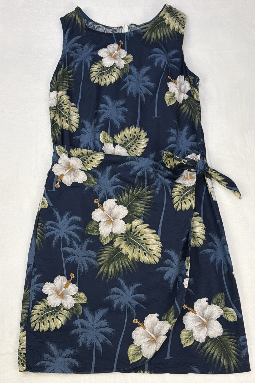 Pacific Legend Hawaii USA Tropical Hibiscus Palm Print Tie Waist Dress M/L