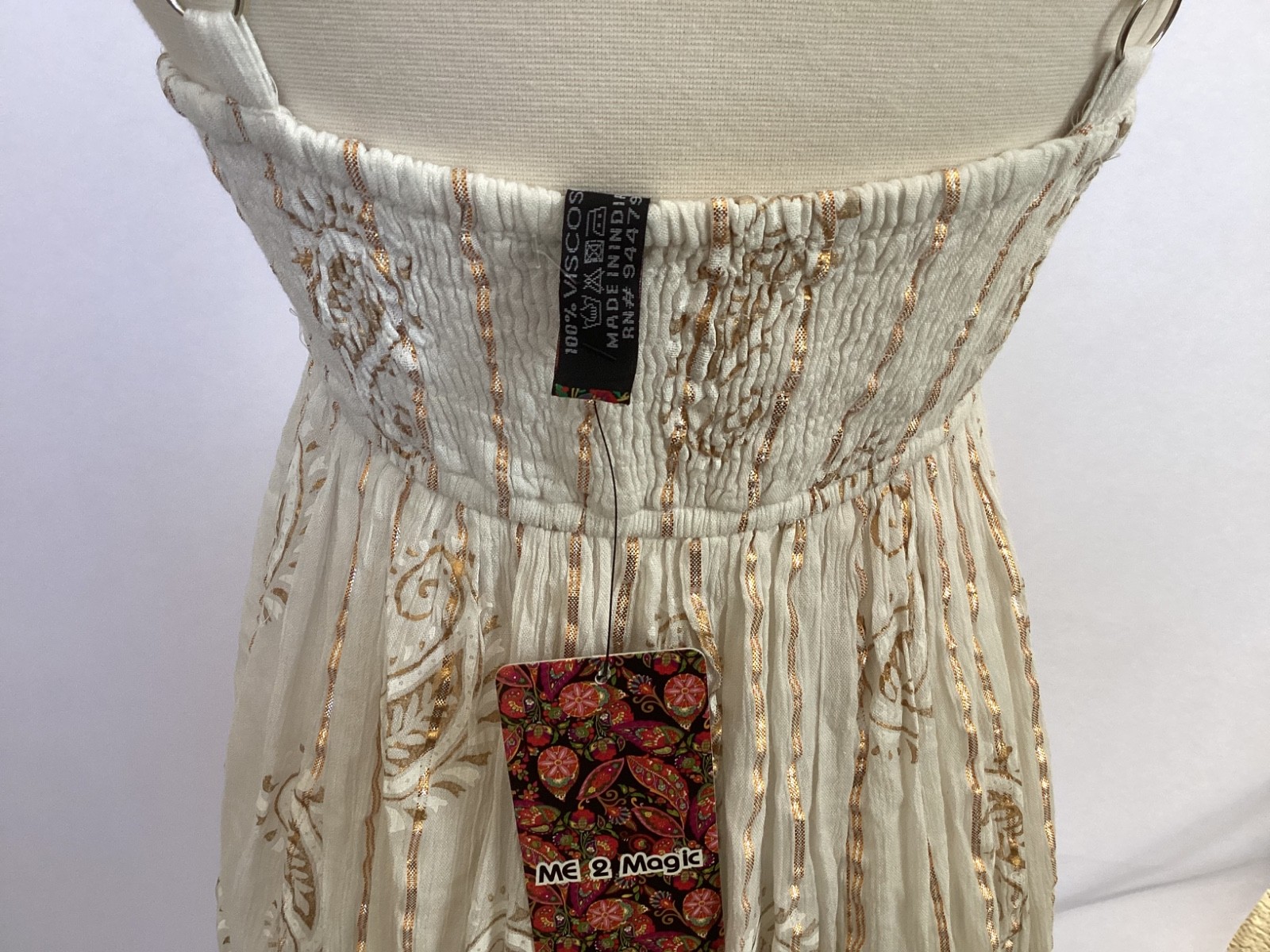 NWT Me 2 Magic Anthropologie Maxi Dress S Ivory Gold Lurex Smocked Embroidered
