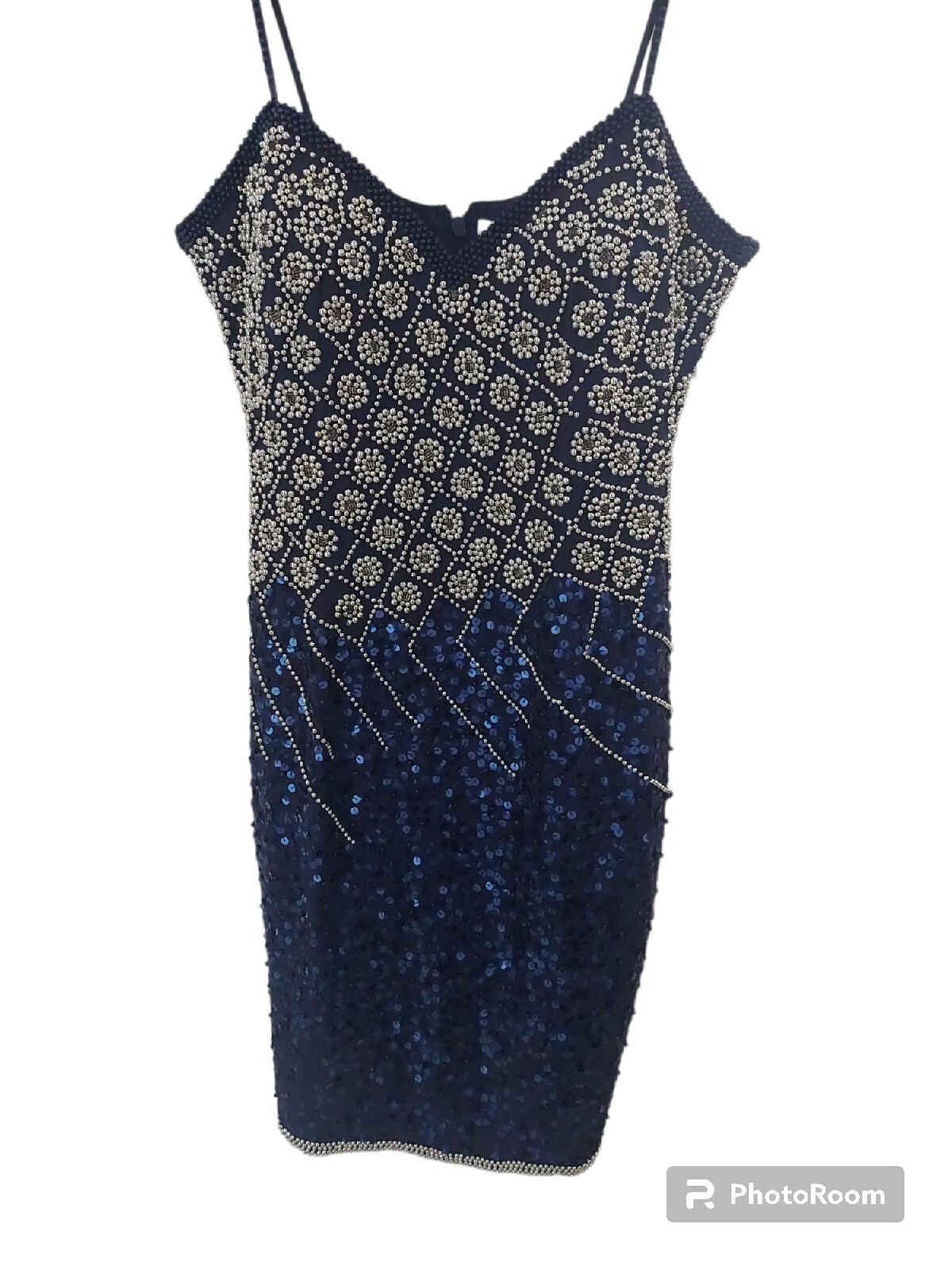 A J Bari Vintage 100% Silk Blue Silver Sequin Beaded Flower Evening Dress size 8
