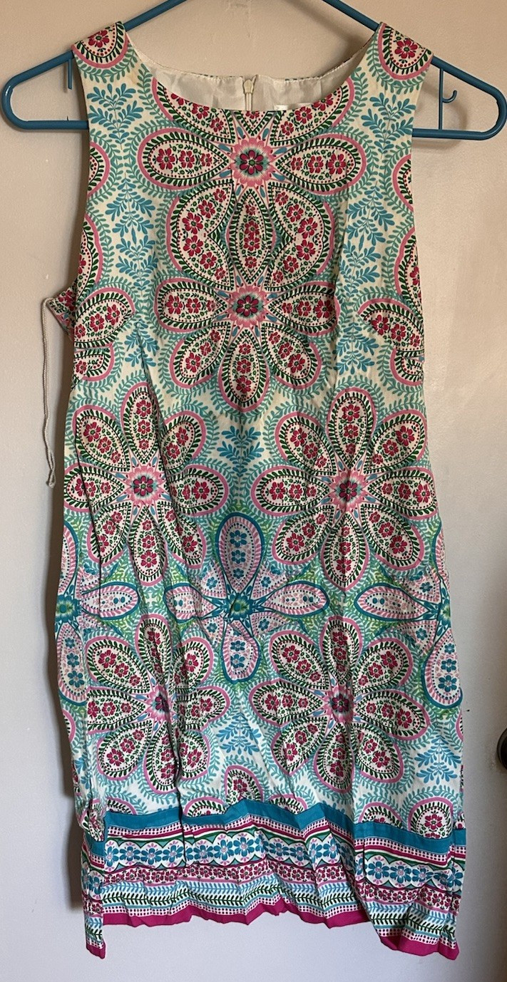 London Times Shift Dress Sleeveless Round Neck Paisley White Pink Blue SZ 6 Zip