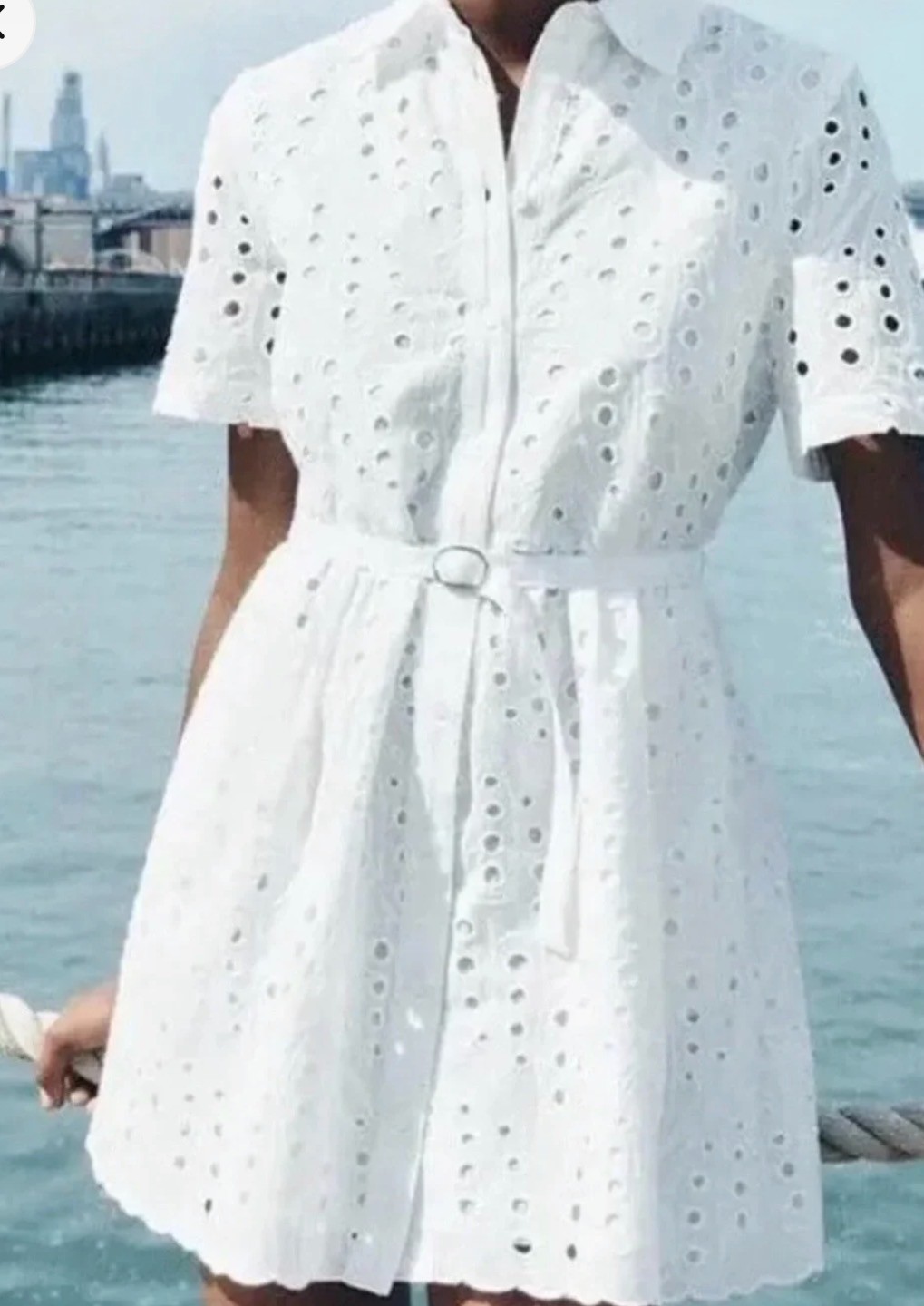 Zara ZW Collection Embroidered Eyelet Mini Shirt Dress White Cotton NWT Sz M