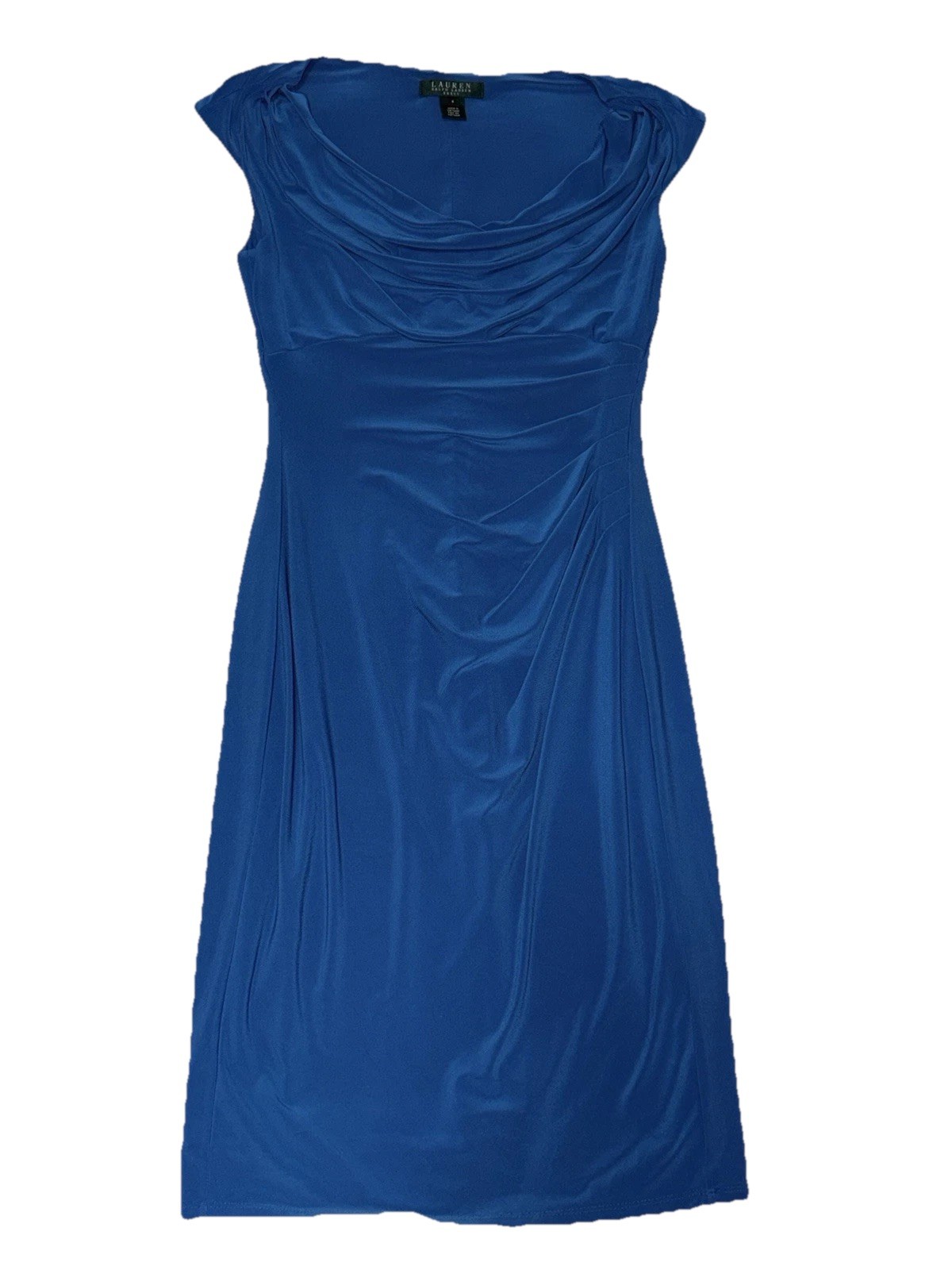 Lauren Ralph Lauren Womens Cowl Neck Jersey Sheath Dress Size 6 Blue Cap Sleeves