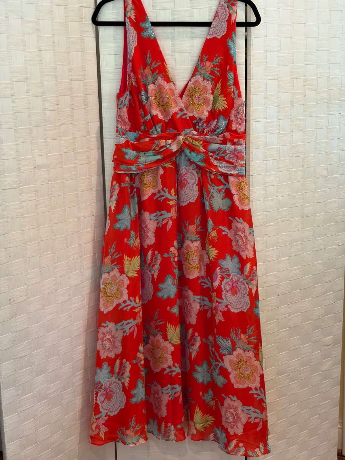 NWT NATORI 10 Silk beaded floral dress midi Vneck/back Pomme,pink,teal,lined