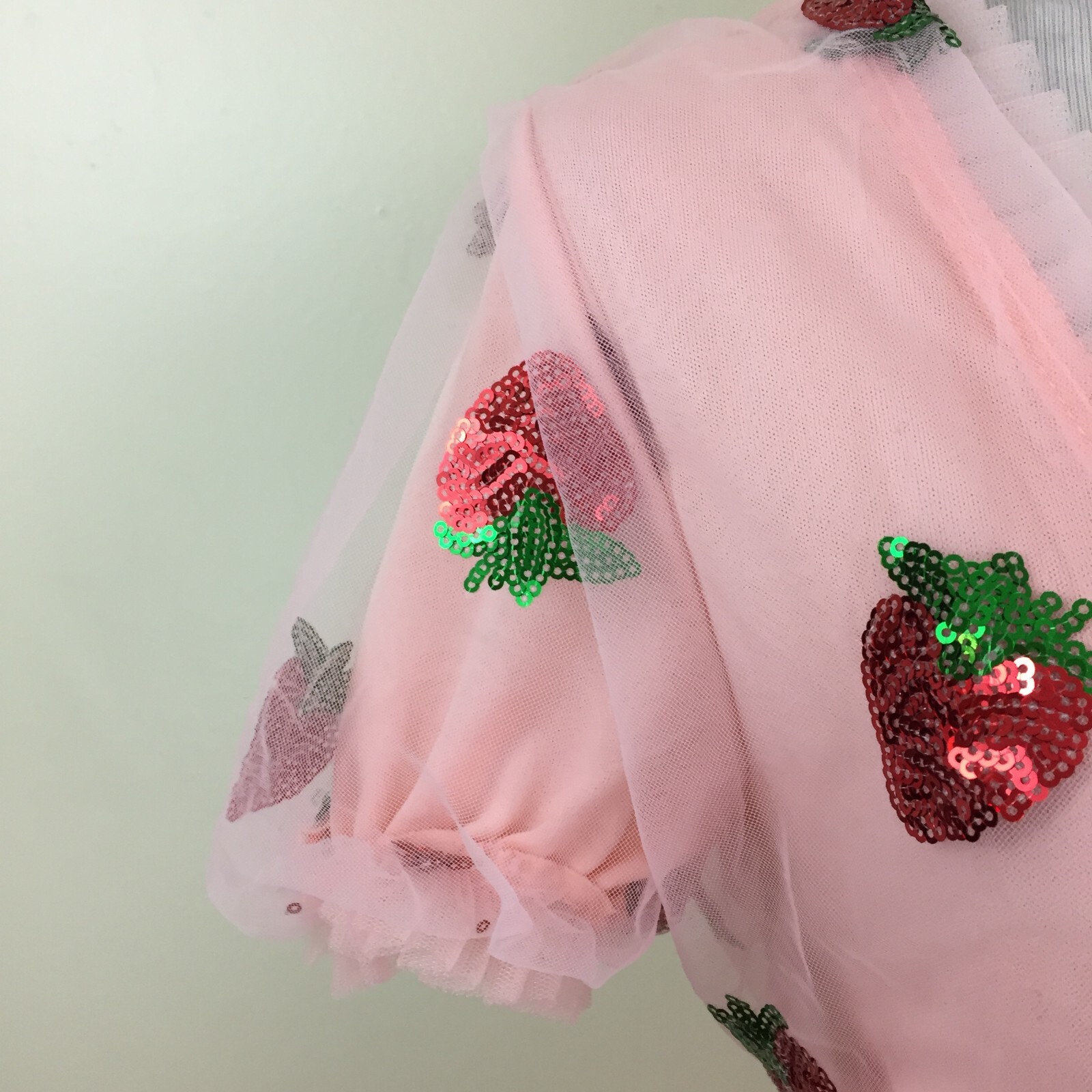 Pink Chiffon Red Green Strawberry Sequin Low V Neck Belted Dress Womens sz Small