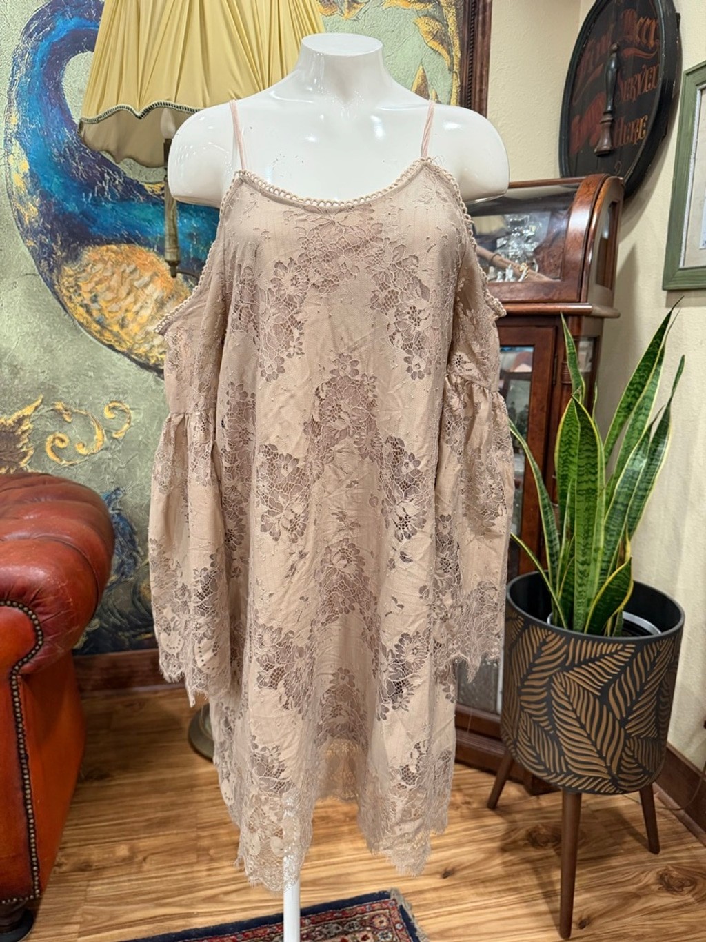 Loveriche NWT Lace Cold Shoulder Mini Dress Taupe Boho Bell Sleeve Medium Brand