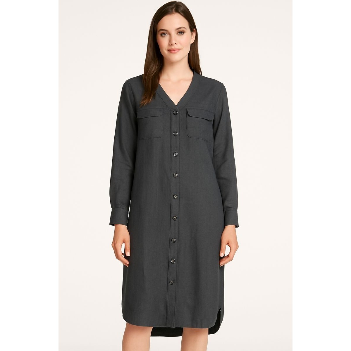 Tess Dress 100% Linen Shirt Dress Black Button Front Long Sleeve Women’s Size 16