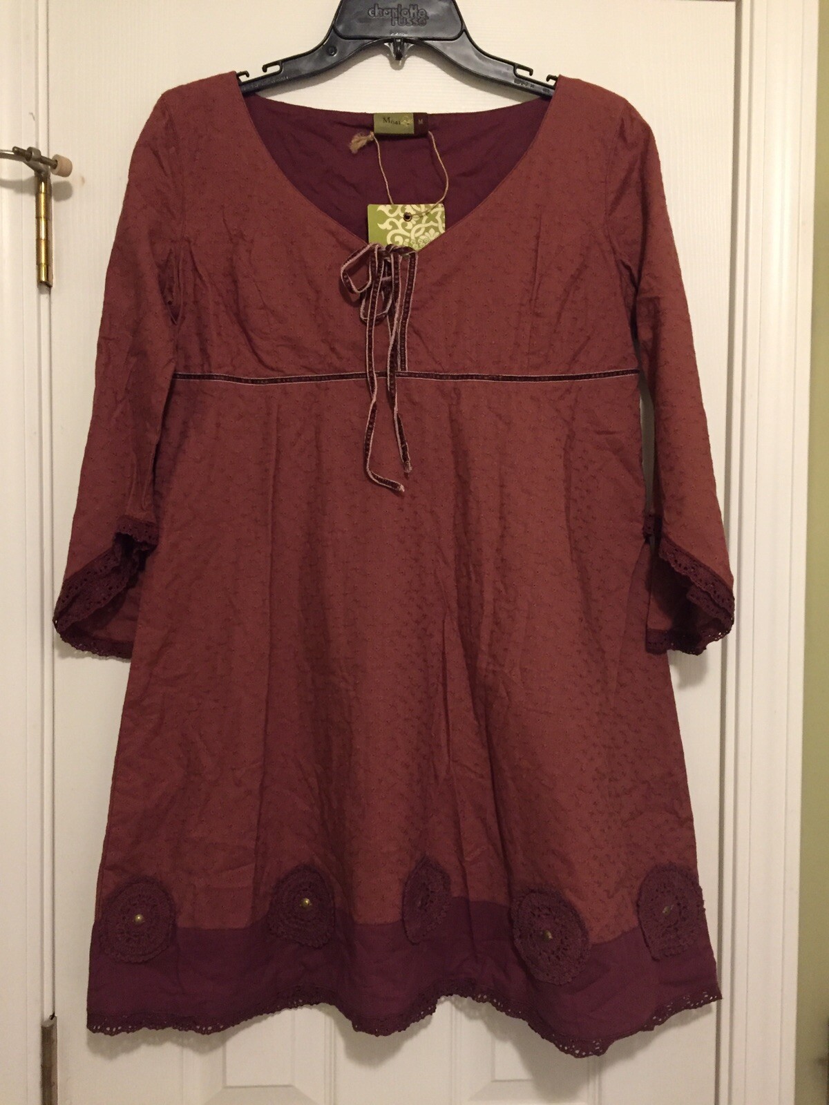 Boho Bohemian Peasant Hippie Tunic Eyelet Dress Crocheted Lace Trim & Medallions