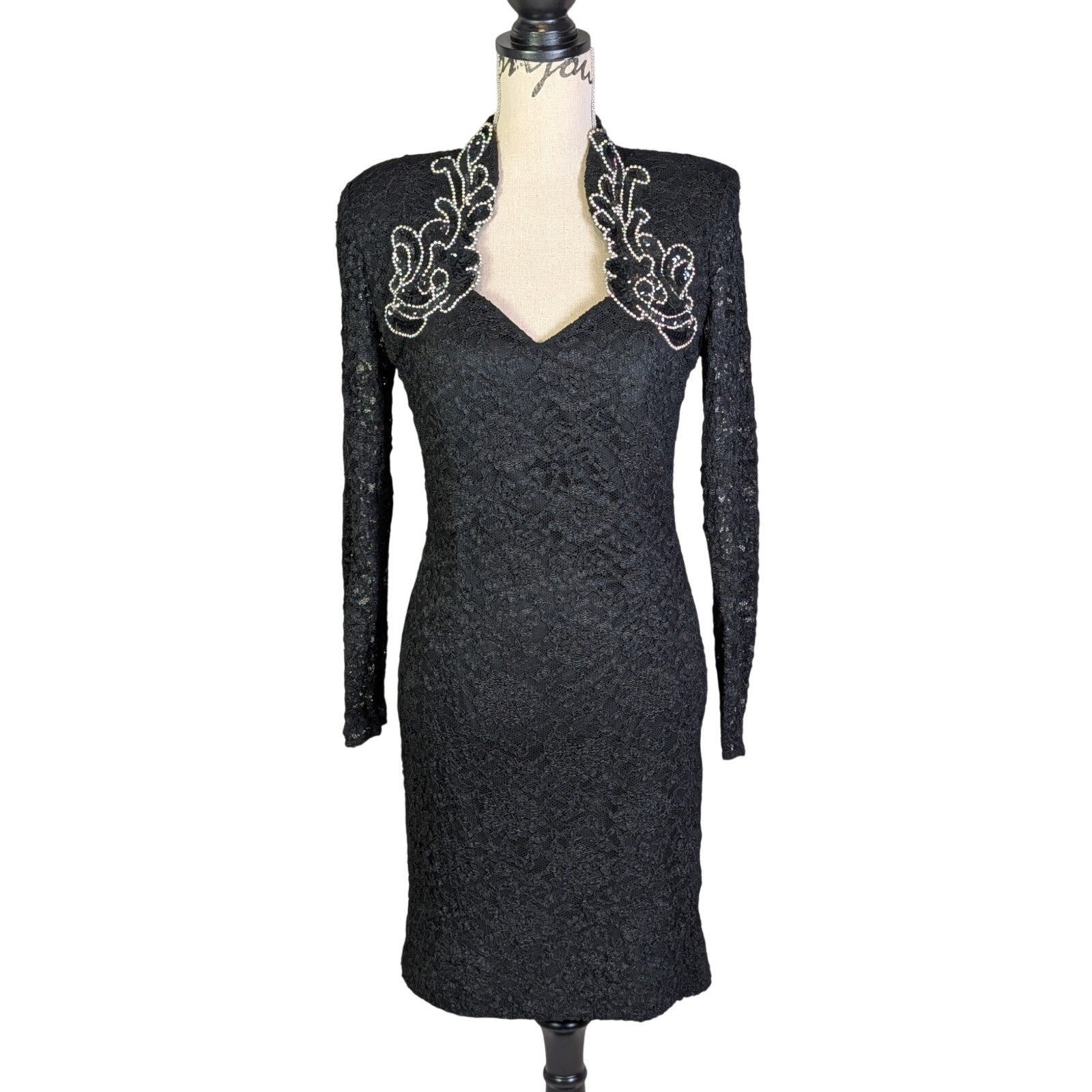 Vintage 80s Betsy & Adam Black Lace Beaded Cocktail Party Dress USA