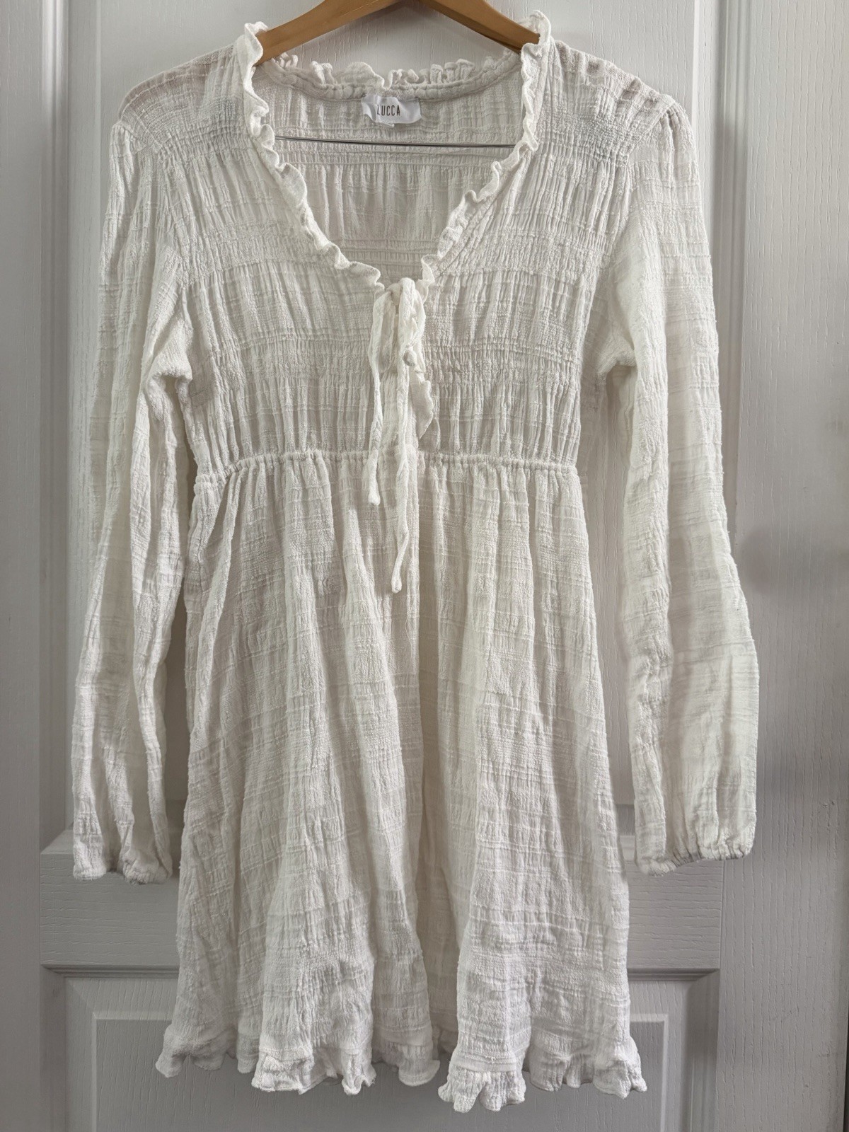 Lucca Long Sleeve Stretch Fabric V-neck Pullover Mini Dress Elastic Waist Medium