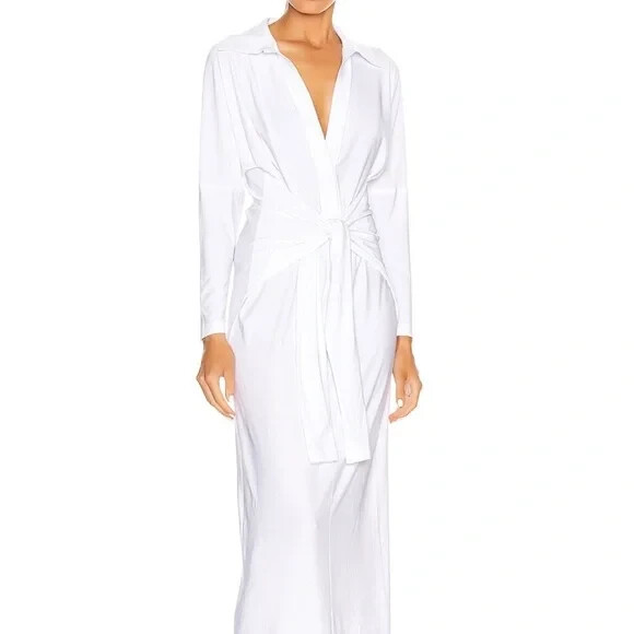 NEW NWT $185 NORMA KAMALI ty tie front NK shirt dress to mid calf white sz S