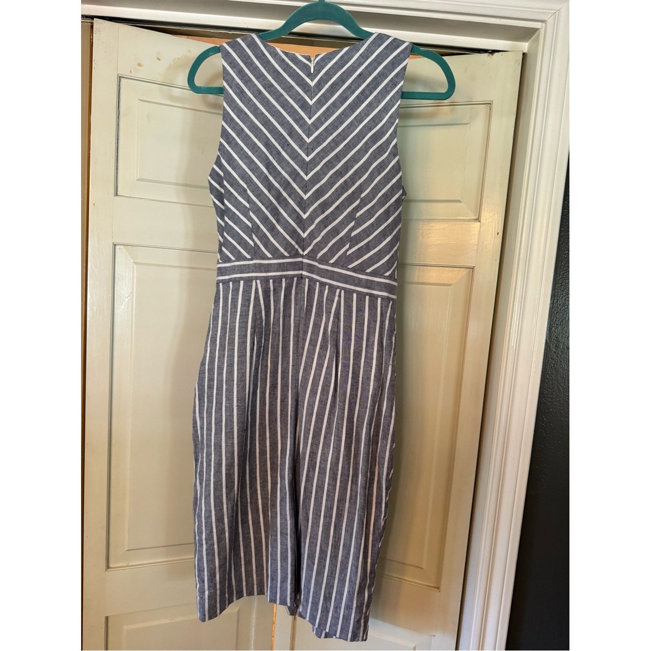 Banana Republic womens Gray & White Striped Classic Midi Wrap Dress linen blend
