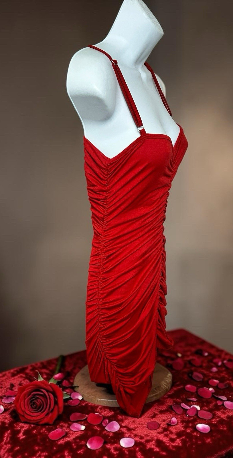 Red Ruched Mini Dress Sz Small Sleeveless Stretch Fitted Party Semi Open Back
