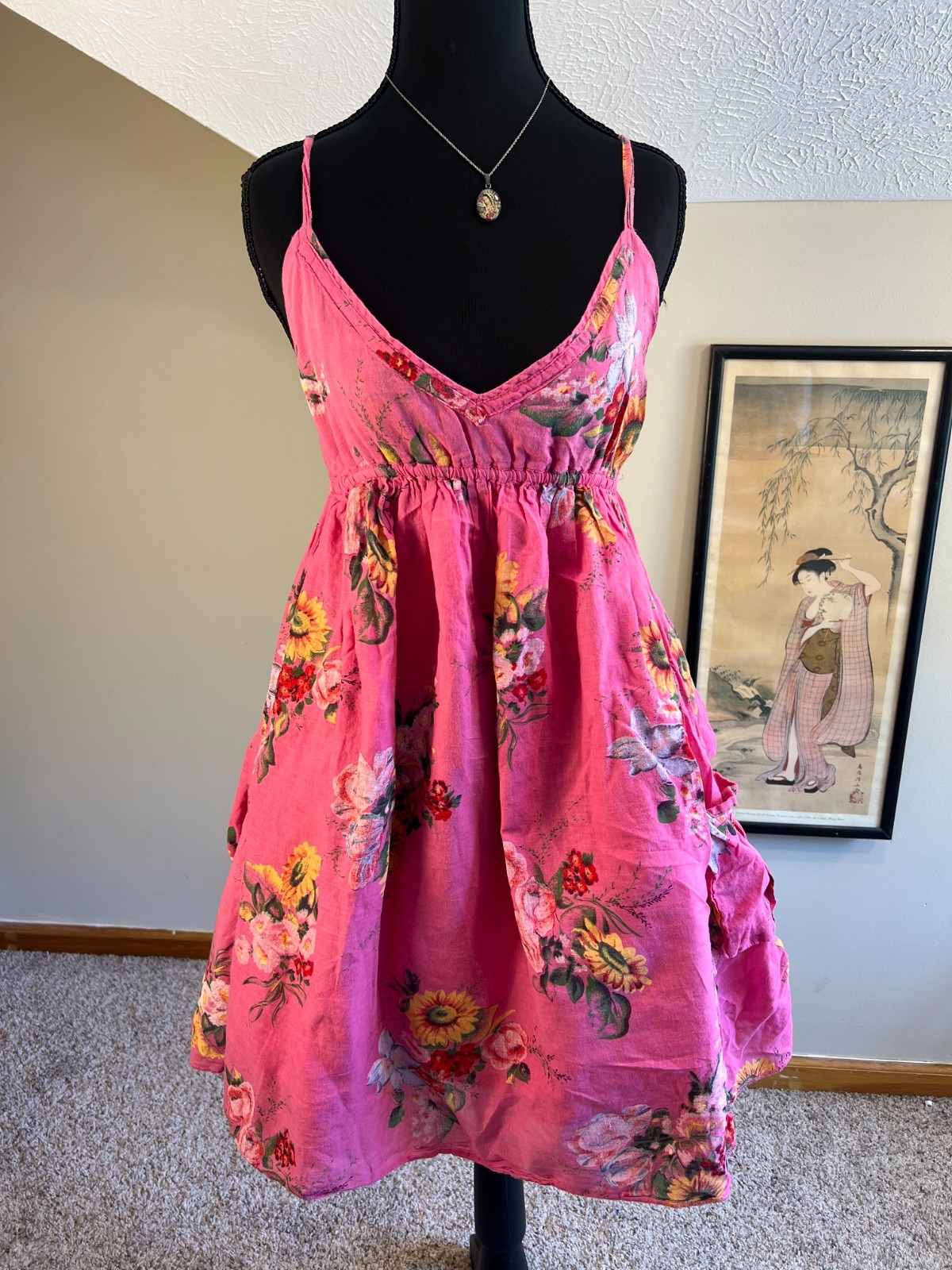 Derek Heart Smocked Mini Sundress Hot Pink Sunflower Cotton Asymmetric Medium