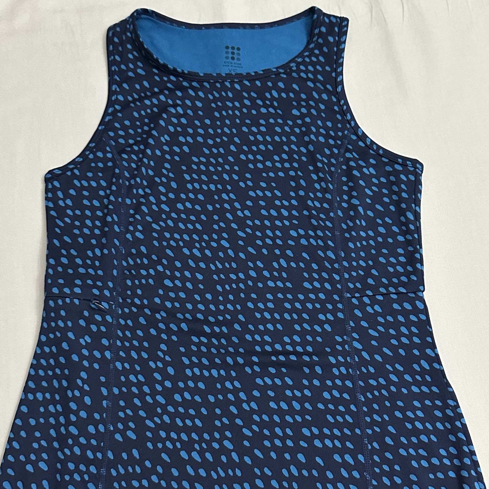 Title Nine Alpha Racerback Dress Womens XS Blue Batik Dot Sleeveless Zip Pocket