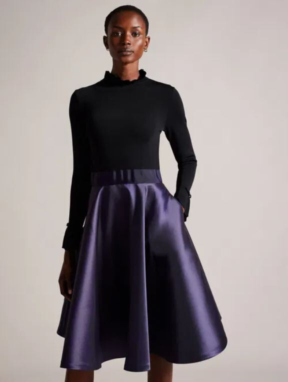 Ted Baker Zadi Long Sleeve Full Skirt Dress Size 4 UK 14 Dark Blue Black Navy