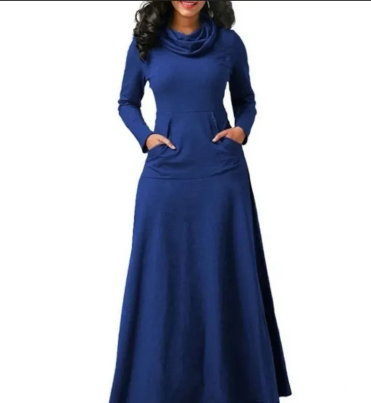 Plus Size 5XL Elegant Long Maxi Dress spring Winter Warm High Collar Women