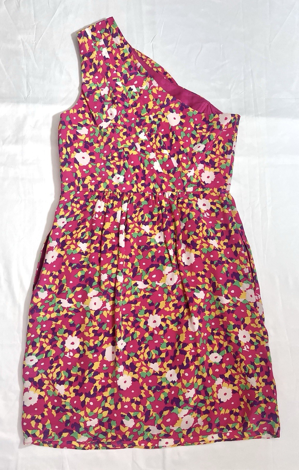 Shoshanna Neiman Marcus Floral One Shoulder Short Dress Pink 8 Medium Cocktail